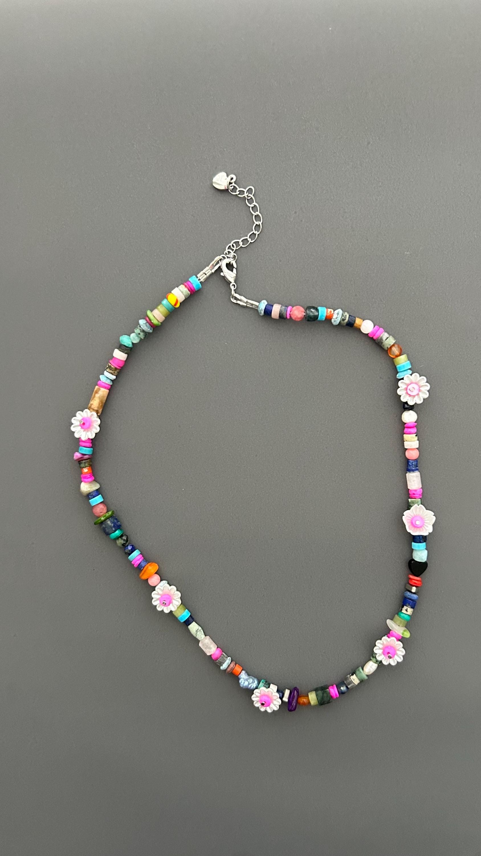 Colorful Flower Beaded Necklace | Boho Gemstone Necklace | Handmade Daisy Jewelry | Summer Layering Necklace | Festival Jewelry Gift