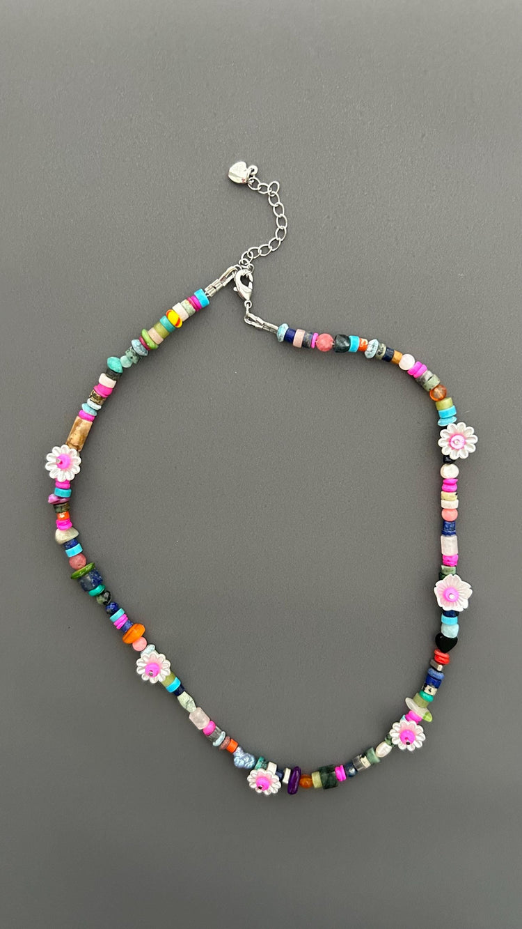 Colorful Flower Beaded Necklace | Boho Gemstone Necklace | Handmade Daisy Jewelry | Summer Layering Necklace | Festival Jewelry Gift