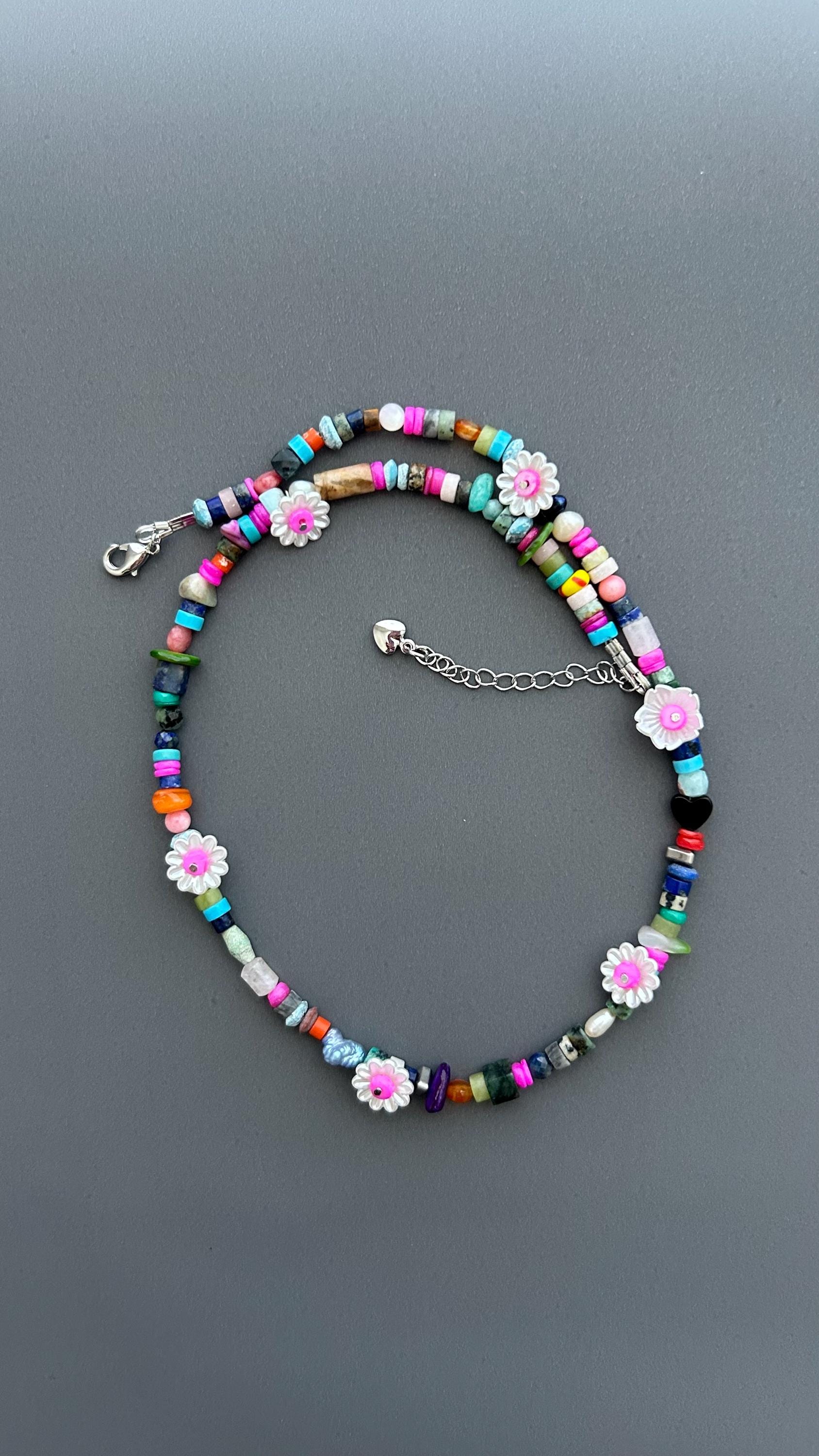 Colorful Flower Beaded Necklace | Boho Gemstone Necklace | Handmade Daisy Jewelry | Summer Layering Necklace | Festival Jewelry Gift
