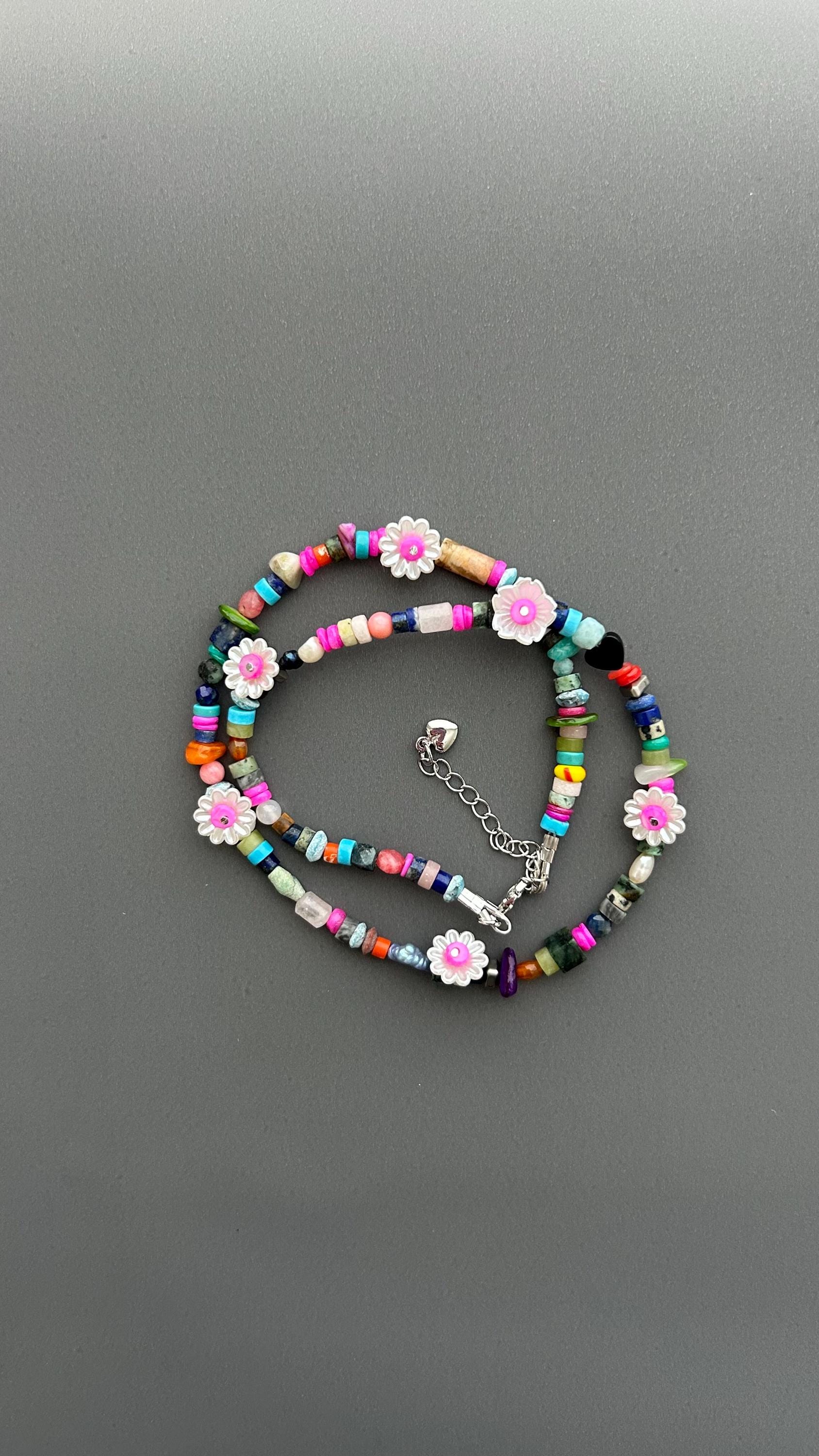 Colorful Flower Beaded Necklace | Boho Gemstone Necklace | Handmade Daisy Jewelry | Summer Layering Necklace | Festival Jewelry Gift