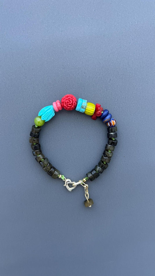 Boho Gemstone Bracelet Handmade, Labradorite Beaded Bracelet, Colorful Artisan Jewelry, Heart Clasp Bracelet, Unique Gift for Women