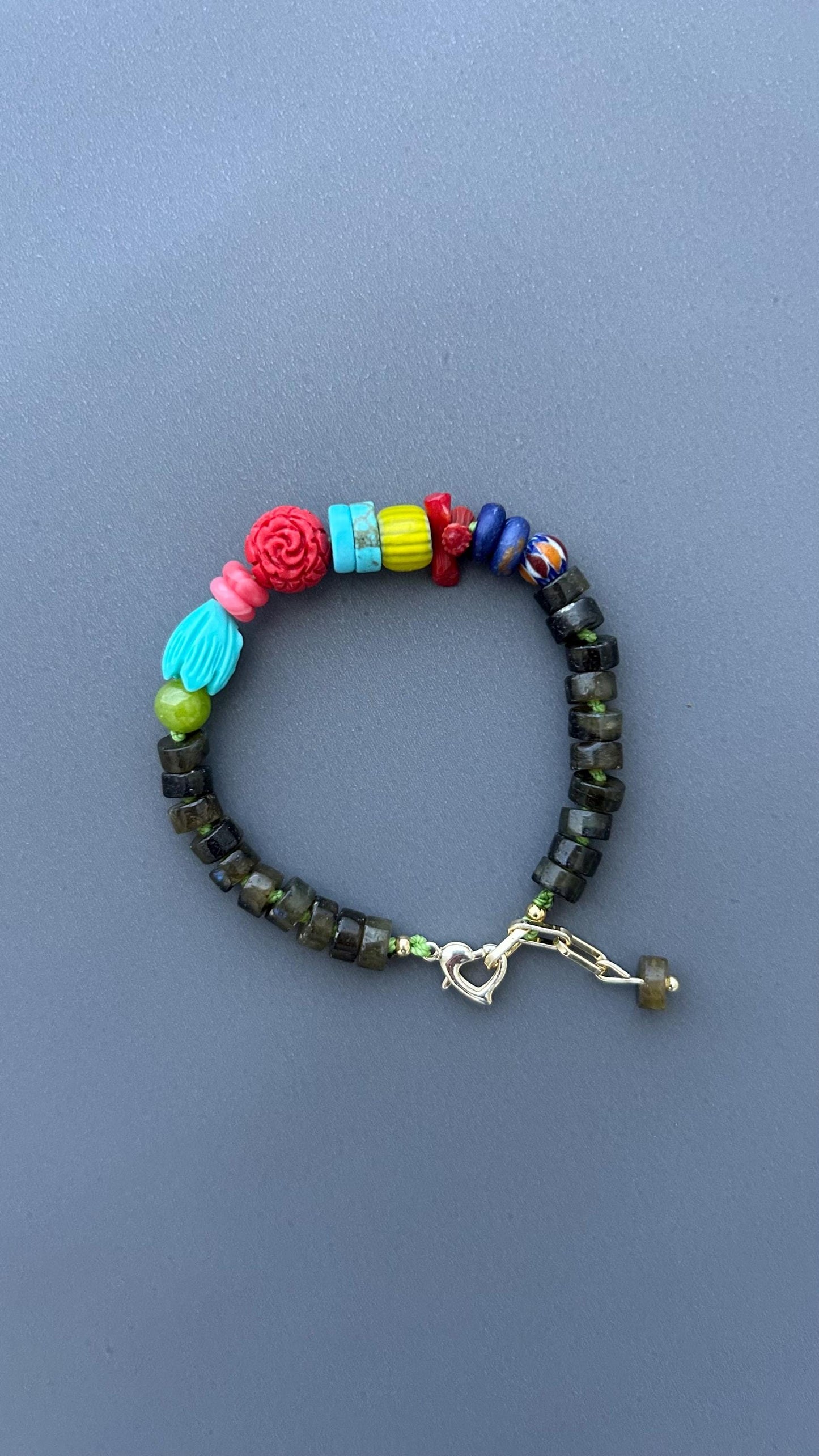 Boho Gemstone Bracelet Handmade, Labradorite Beaded Bracelet, Colorful Artisan Jewelry, Heart Clasp Bracelet, Unique Gift for Women