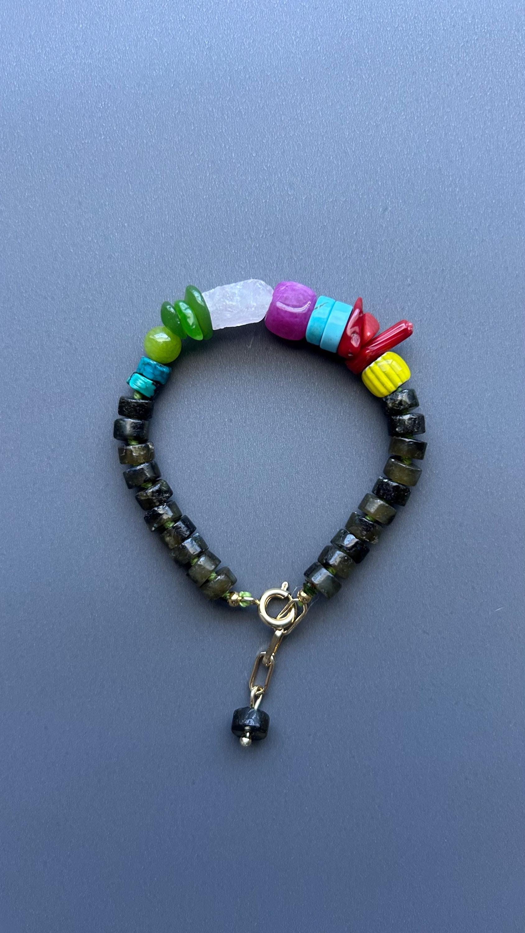 Colorful Gemstone Bracelet, Boho Artisan Beaded Bracelet, Labradorite Jewelry, Heart Toggle Bracelet, Handmade Statement Jewelry, Gift