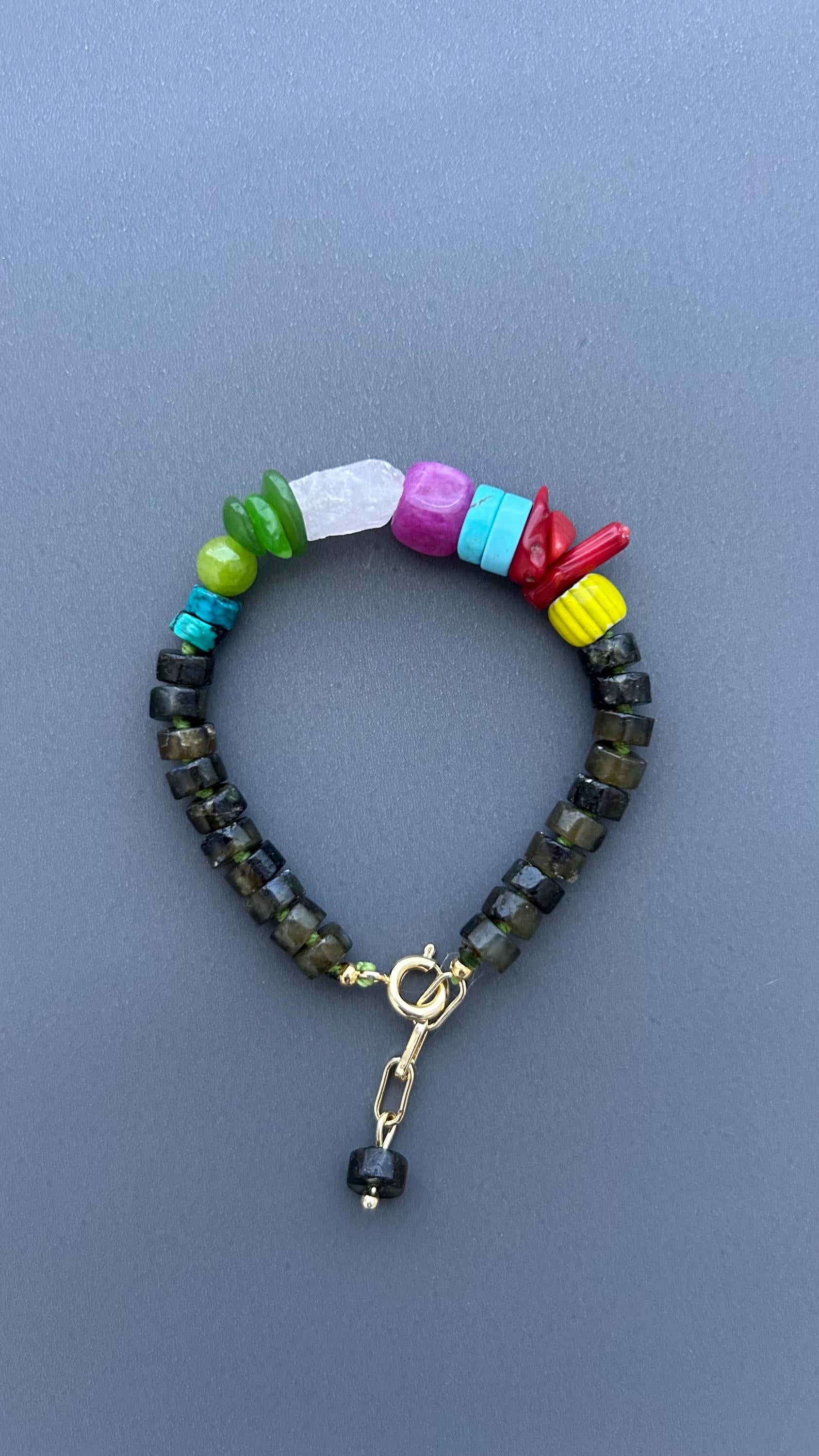 Colorful Gemstone Bracelet, Boho Artisan Beaded Bracelet, Labradorite Jewelry, Heart Toggle Bracelet, Handmade Statement Jewelry, Gift
