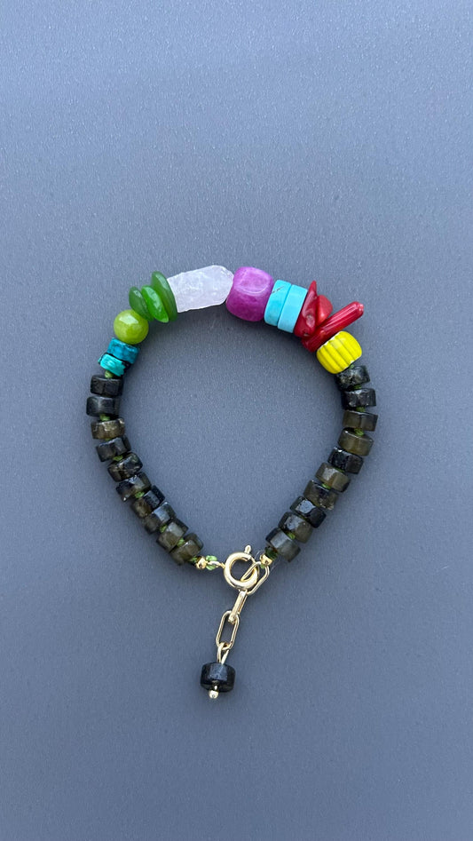 Colorful Gemstone Bracelet, Boho Artisan Beaded Bracelet, Labradorite Jewelry, Heart Toggle Bracelet, Handmade Statement Jewelry, Gift