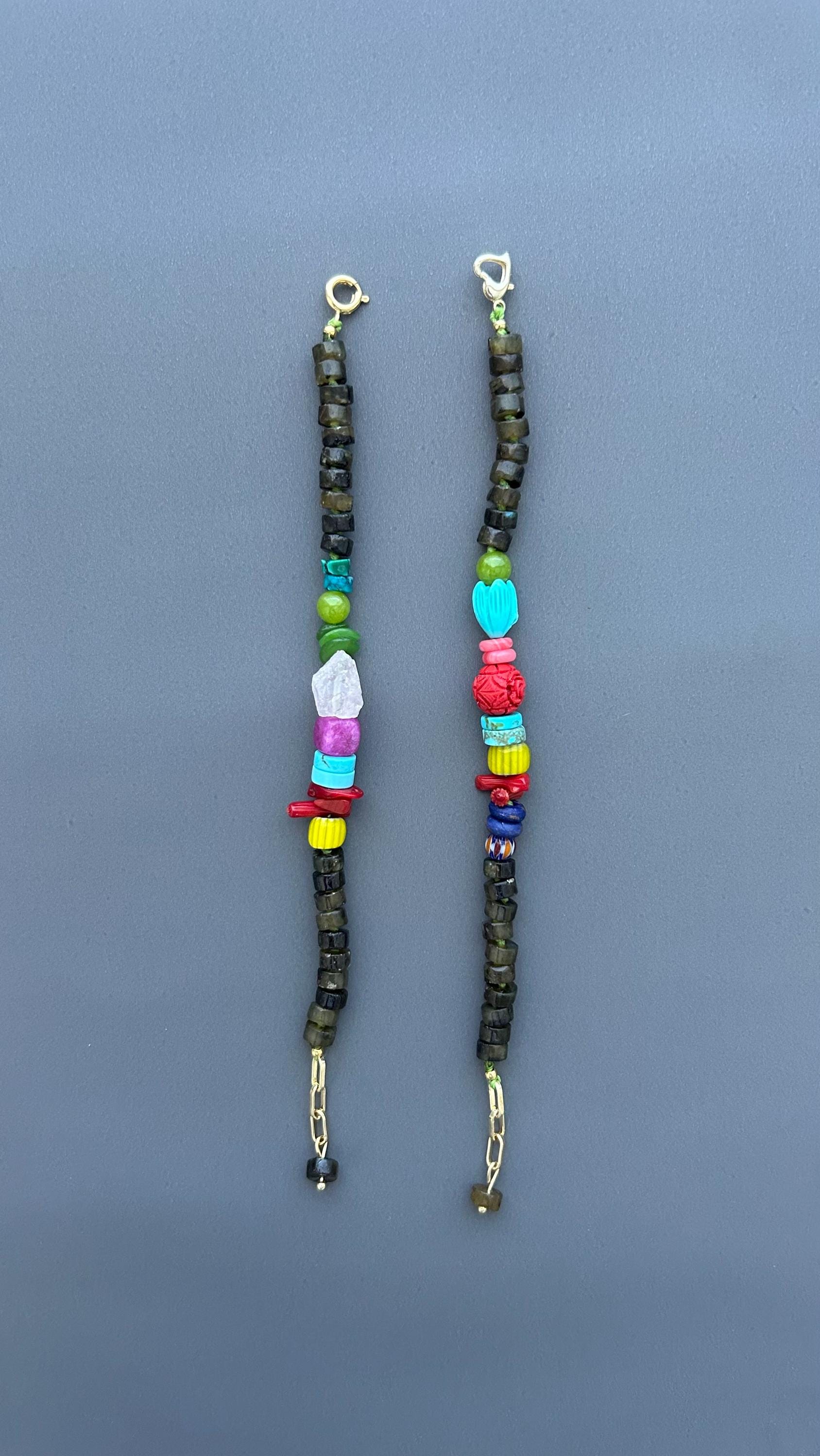 Colorful Gemstone Bracelet, Boho Artisan Beaded Bracelet, Labradorite Jewelry, Heart Toggle Bracelet, Handmade Statement Jewelry, Gift