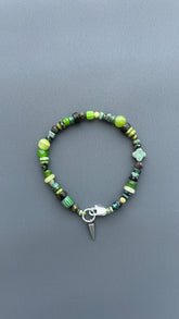 Green Gemstone Beaded Bracelet, Natural Stone Bracelet with Silver Spike Charm, Boho Stretch Bracelet, Unisex Layering Jewelry, Gift for Him