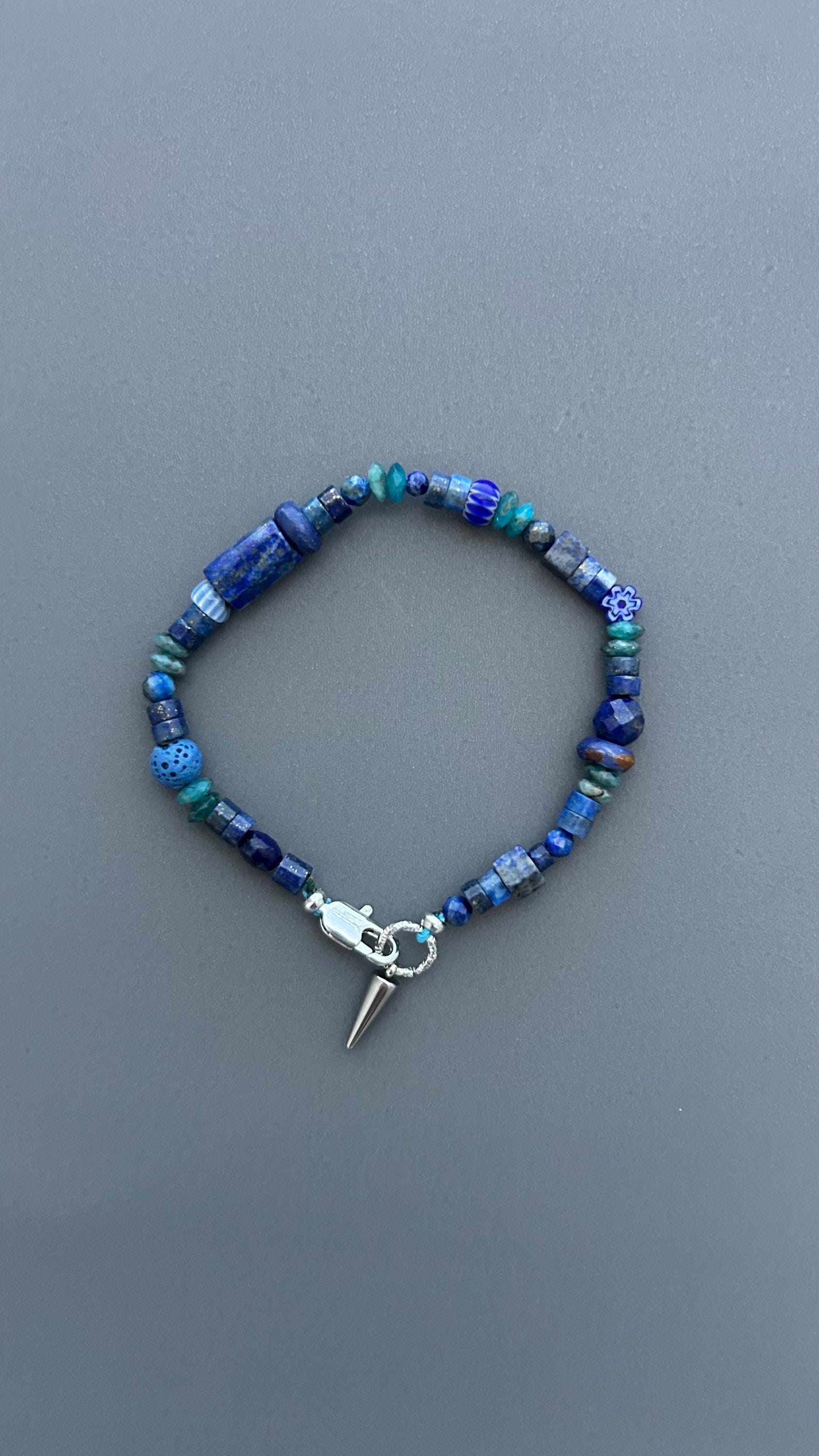 Blue Gemstone Bracelet for Men & Women | Lapis Lazuli Beaded Bracelet | Boho Bracelet | Blue Stone Jewelry | Spike Charm Bracelet Gift