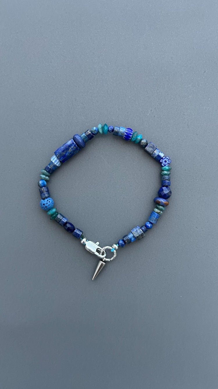 Blue Gemstone Bracelet for Men & Women | Lapis Lazuli Beaded Bracelet | Boho Bracelet | Blue Stone Jewelry | Spike Charm Bracelet Gift
