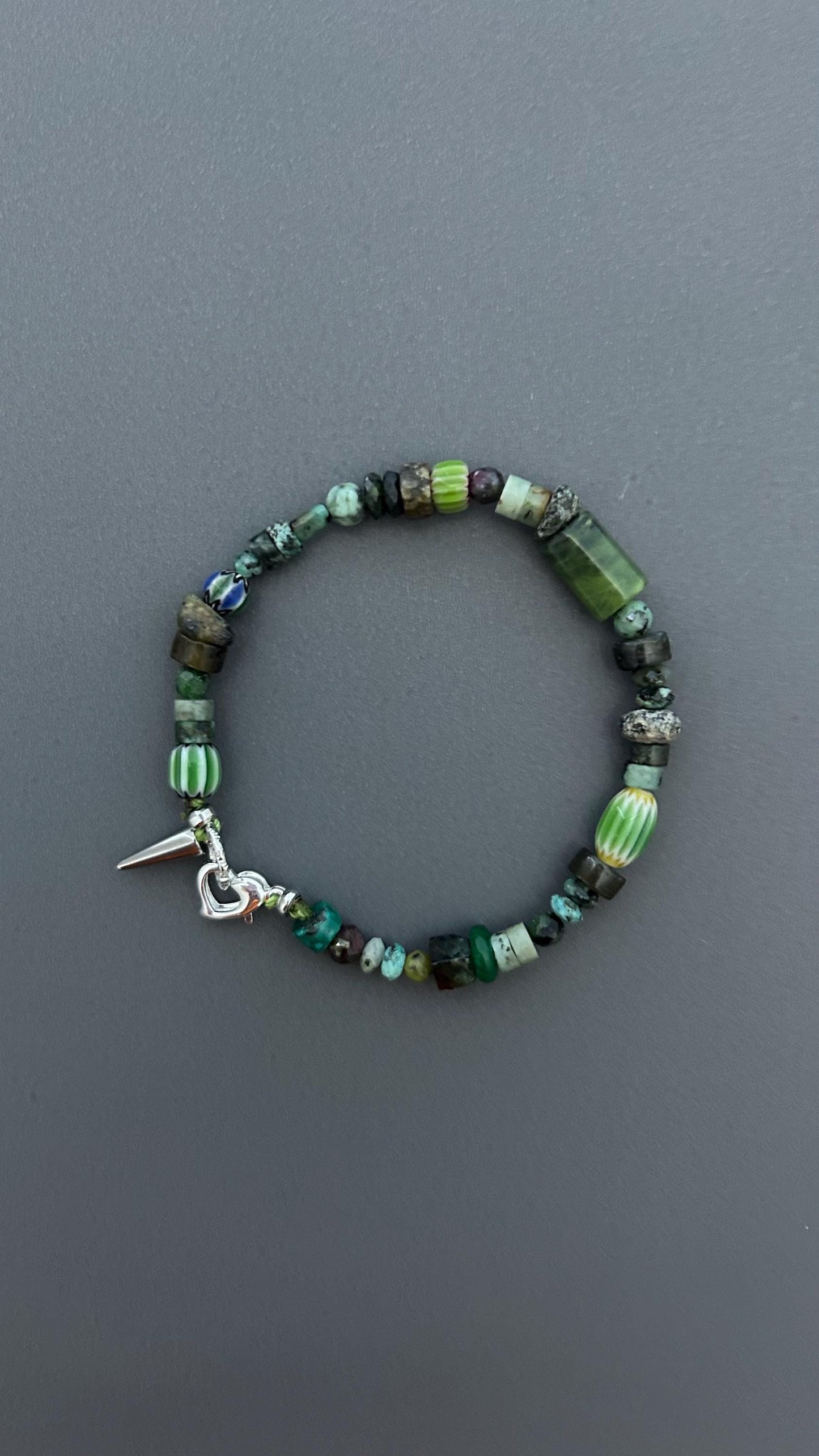 Dark Forest Gemstone Bracelet | Artisan Beaded Bracelet | Green Crystal & Turquoise Jewelry | Edgy Bohemian Heart Charm | Unisex Jewelry