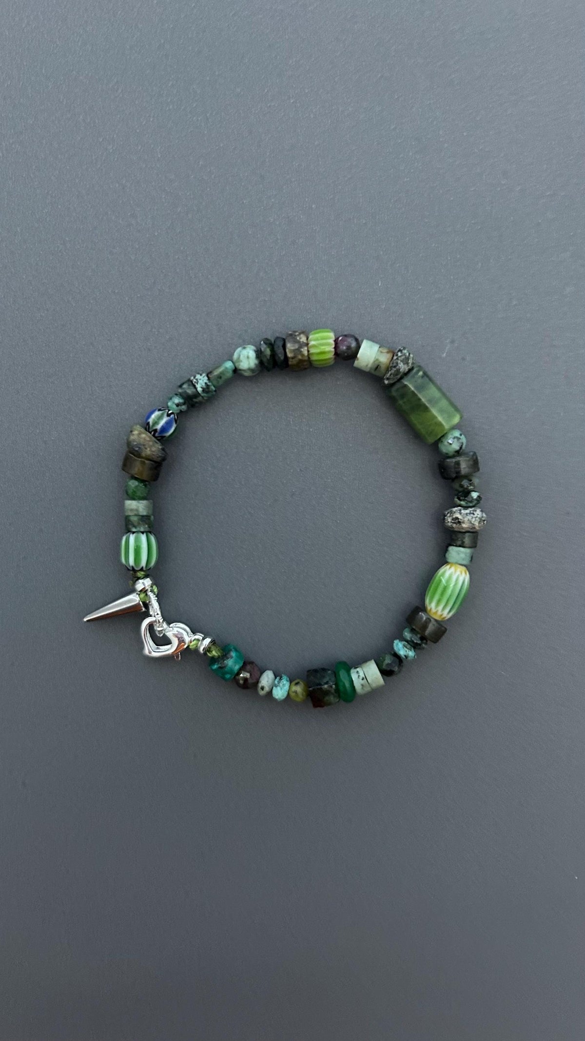 Dark Forest Gemstone Bracelet | Artisan Beaded Bracelet | Green Crystal & Turquoise Jewelry | Edgy Bohemian Heart Charm | Unisex Jewelry