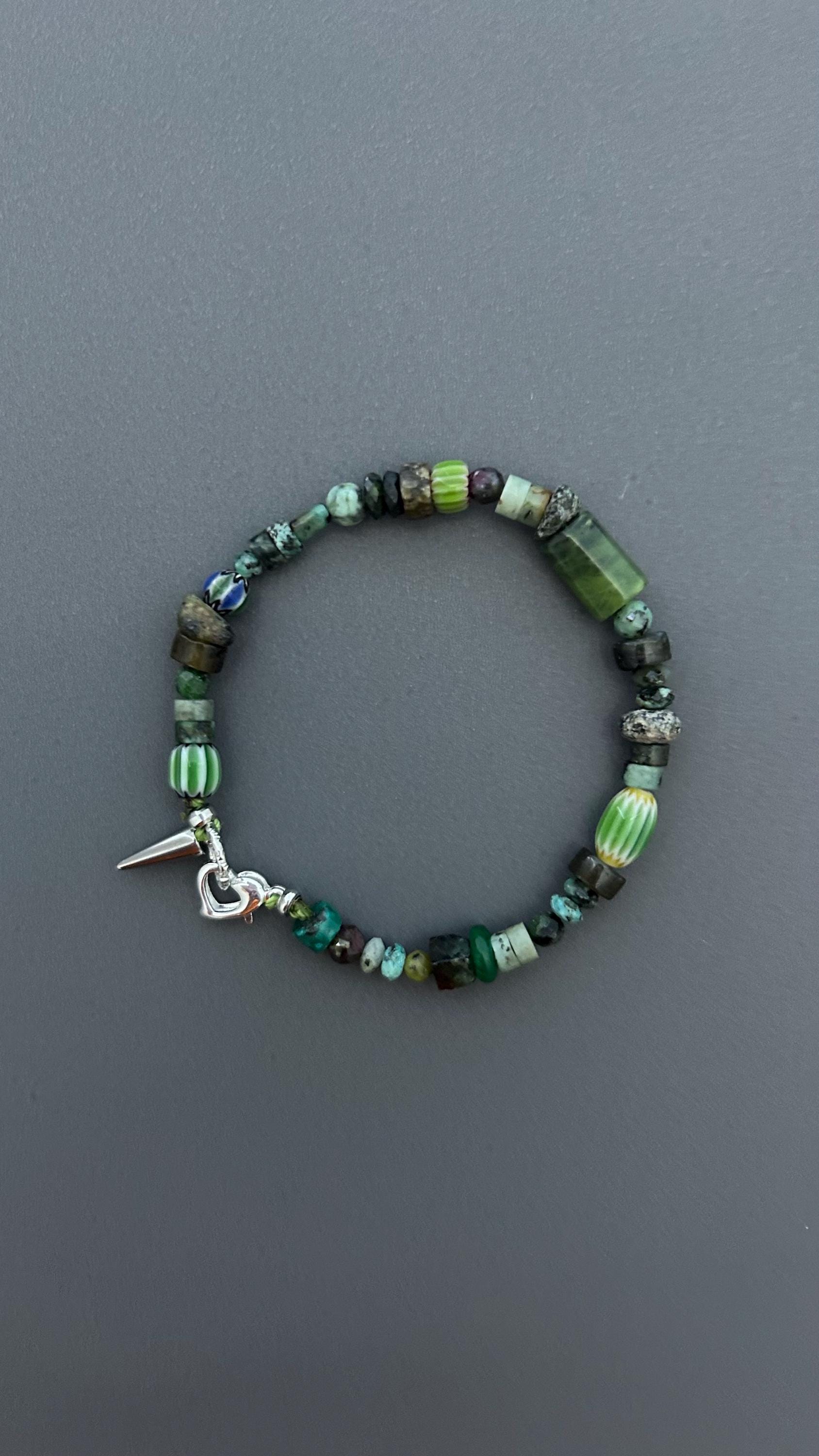 Dark Forest Gemstone Bracelet | Artisan Beaded Bracelet | Green Crystal & Turquoise Jewelry | Edgy Bohemian Heart Charm | Unisex Jewelry