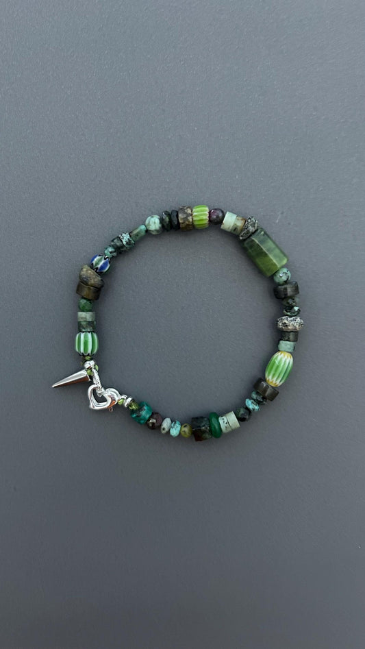 Dark Forest Gemstone Bracelet | Artisan Beaded Bracelet | Green Crystal & Turquoise Jewelry | Edgy Bohemian Heart Charm | Unisex Jewelry