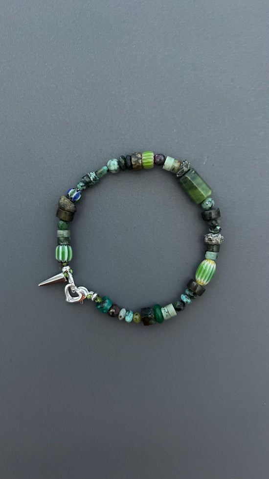 Dark Forest Gemstone Bracelet | Artisan Beaded Bracelet | Green Crystal & Turquoise Jewelry | Edgy Bohemian Heart Charm | Unisex Jewelry