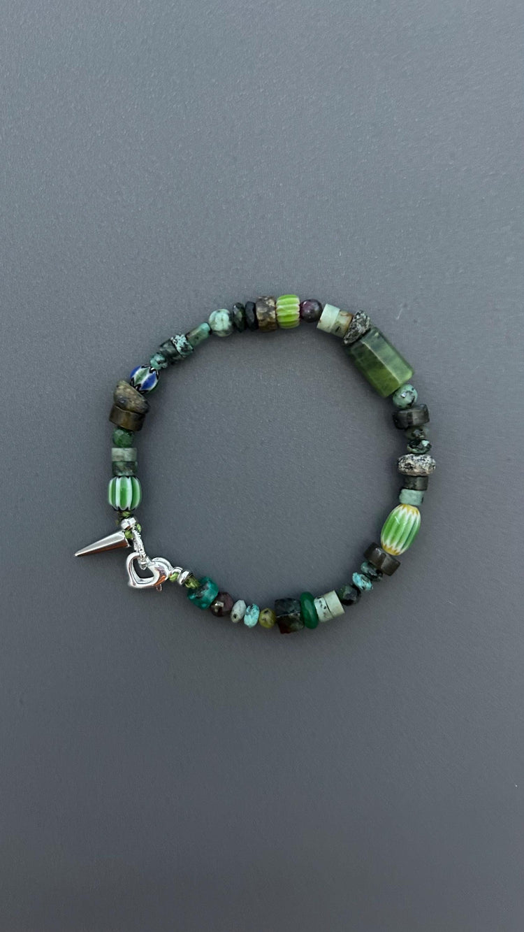 Dark Forest Gemstone Bracelet | Artisan Beaded Bracelet | Green Crystal & Turquoise Jewelry | Edgy Bohemian Heart Charm | Unisex Jewelry