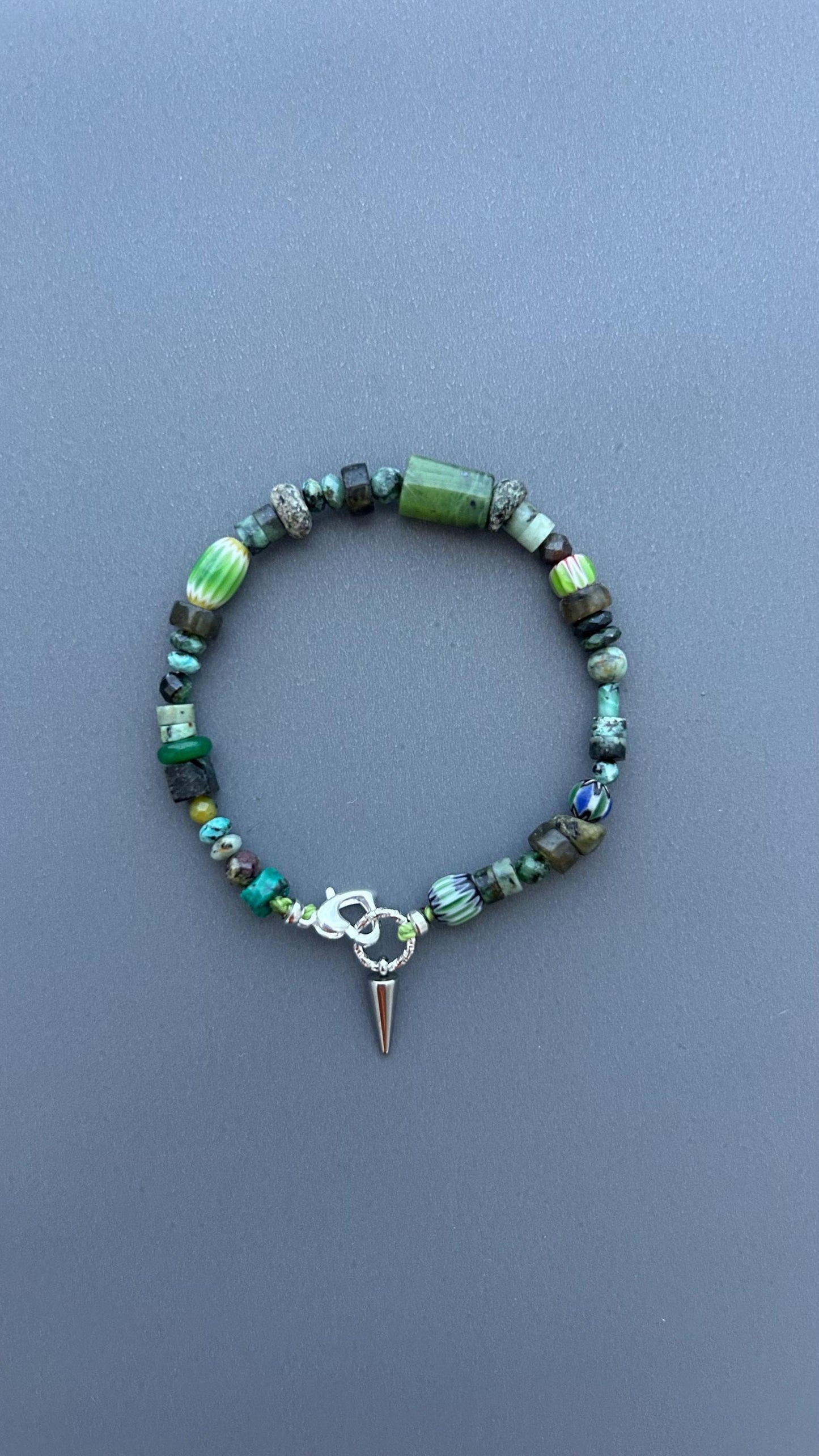 Dark Forest Gemstone Bracelet | Artisan Beaded Bracelet | Green Crystal & Turquoise Jewelry | Edgy Bohemian Heart Charm | Unisex Jewelry