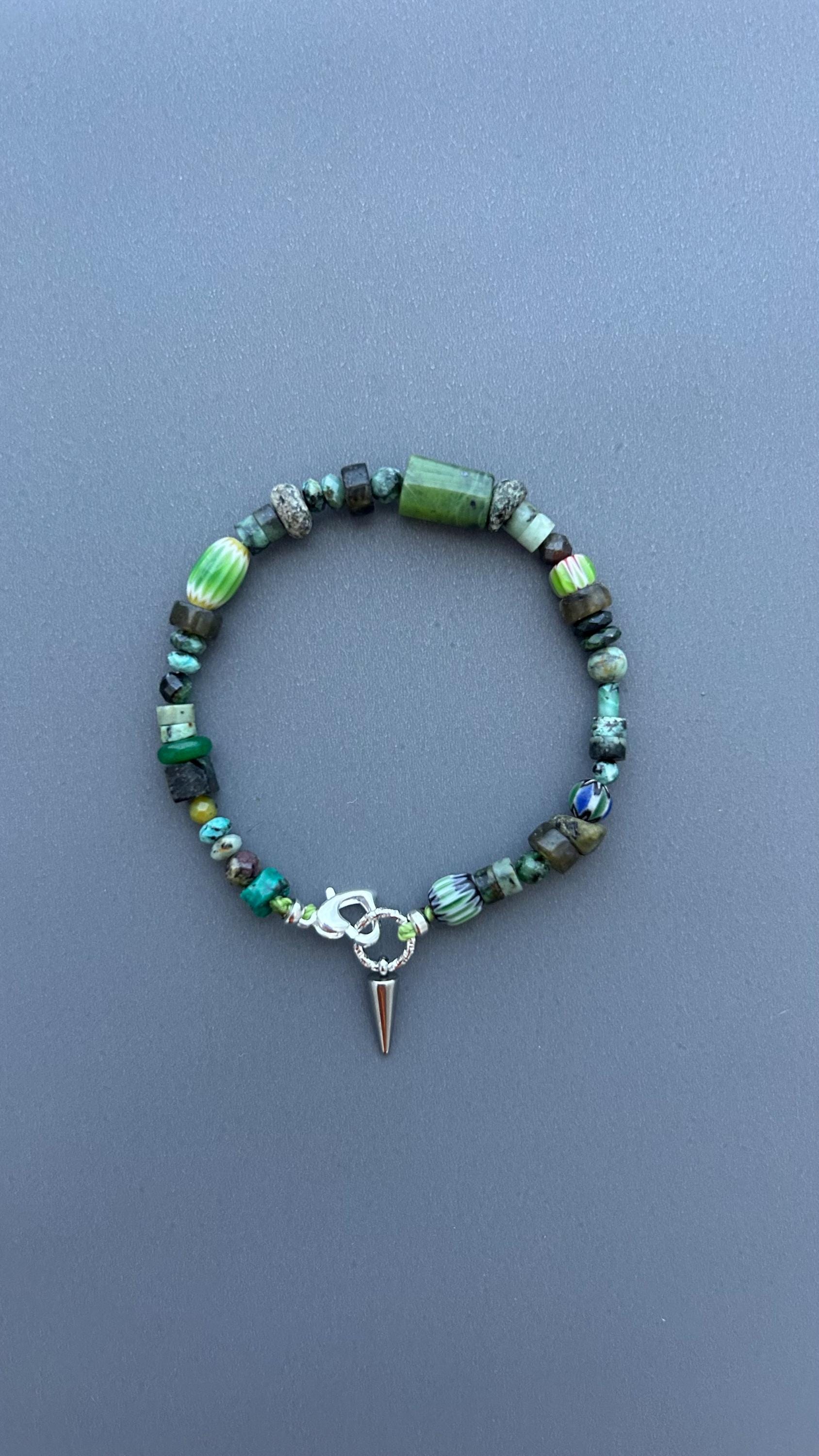 Dark Forest Gemstone Bracelet | Artisan Beaded Bracelet | Green Crystal & Turquoise Jewelry | Edgy Bohemian Heart Charm | Unisex Jewelry