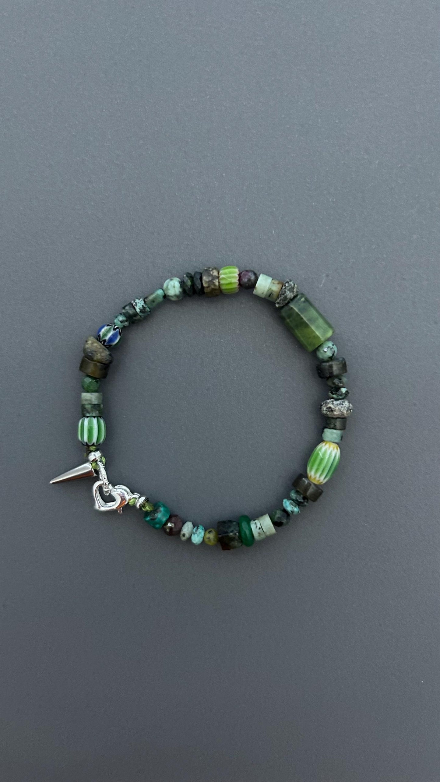 Dark Forest Gemstone Bracelet | Artisan Beaded Bracelet | Green Crystal & Turquoise Jewelry | Edgy Bohemian Heart Charm | Unisex Jewelry