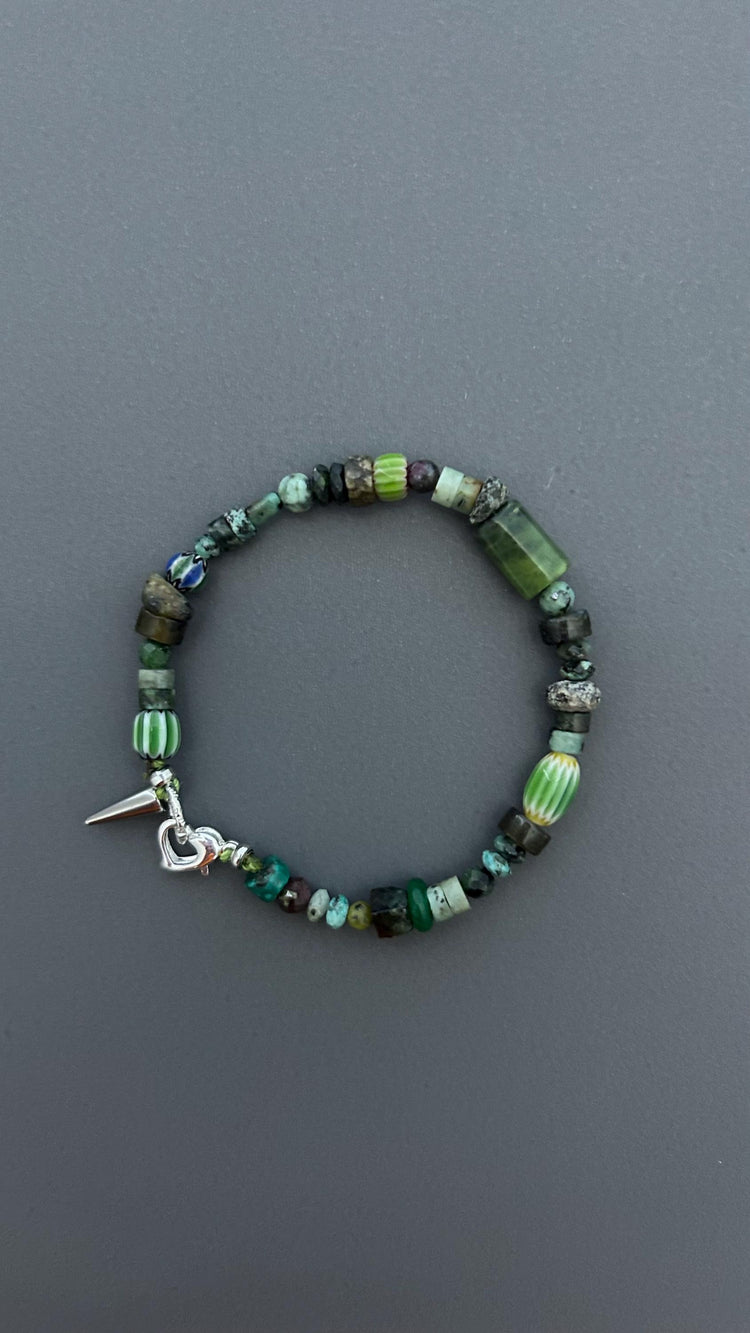 Dark Forest Gemstone Bracelet | Artisan Beaded Bracelet | Green Crystal & Turquoise Jewelry | Edgy Bohemian Heart Charm | Unisex Jewelry