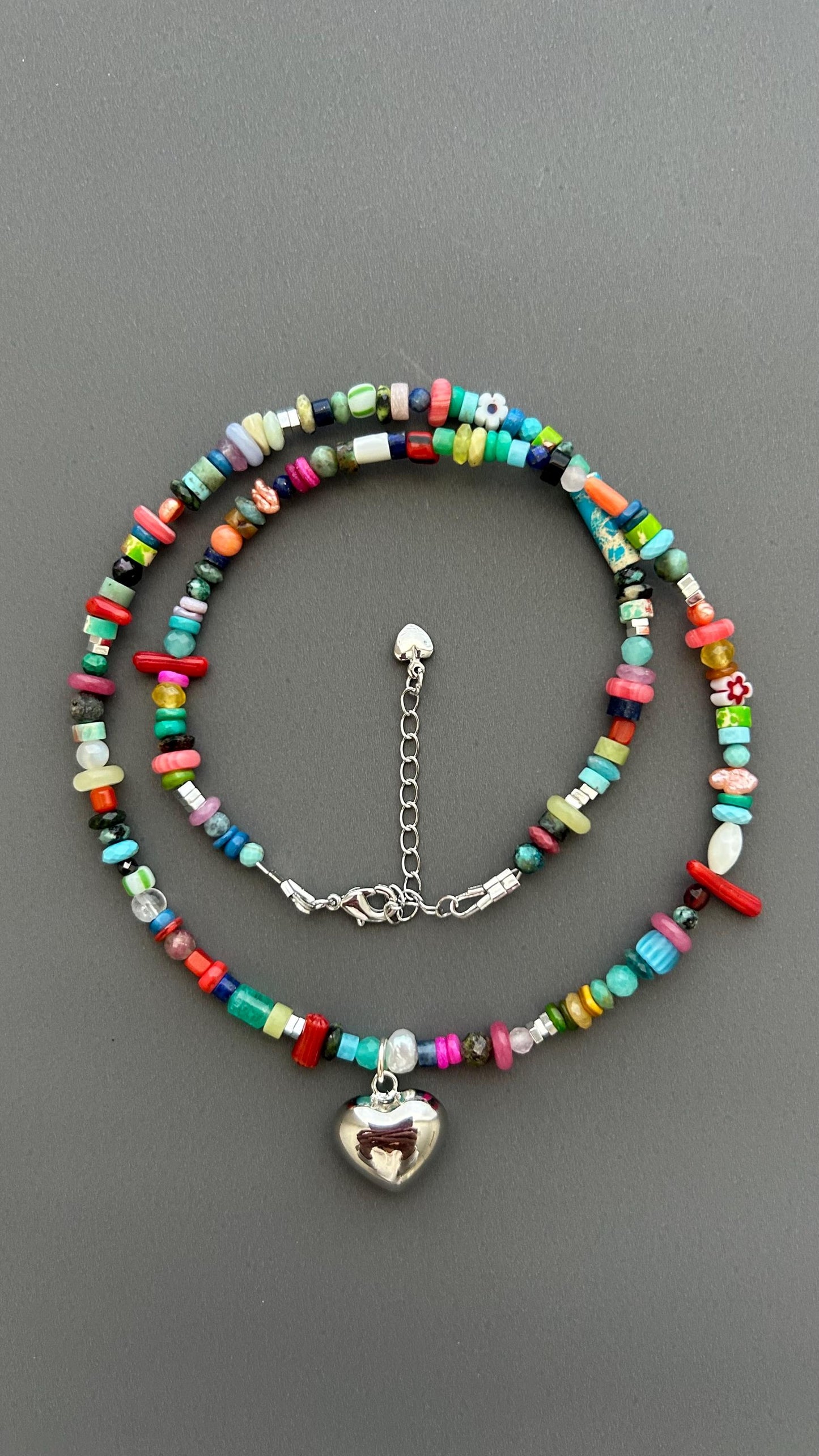 Rainbow Heart Pendant Necklace - Colorful Gemstone Beaded Maximalist Statement Jewelry Adjustable Handmade Artist Necklace