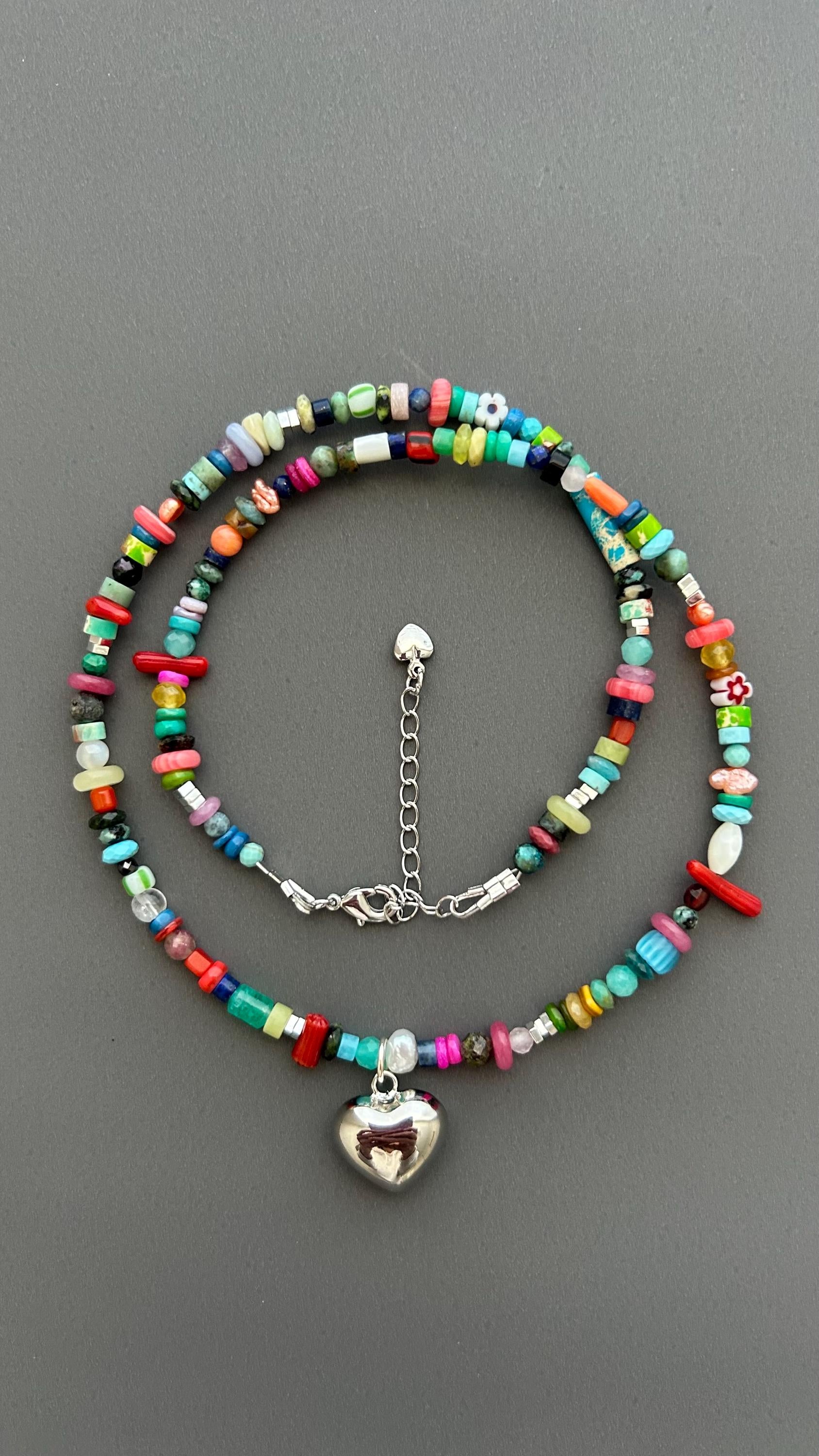 Rainbow Heart Pendant Necklace - Colorful Gemstone Beaded Maximalist Statement Jewelry Adjustable Handmade Artist Necklace