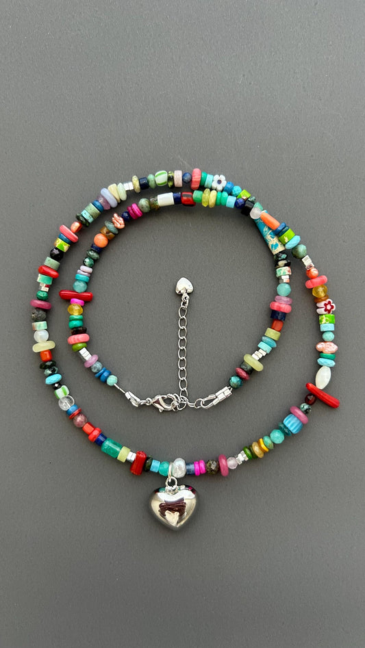 Rainbow Heart Pendant Necklace - Colorful Gemstone Beaded Maximalist Statement Jewelry Adjustable Handmade Artist Necklace