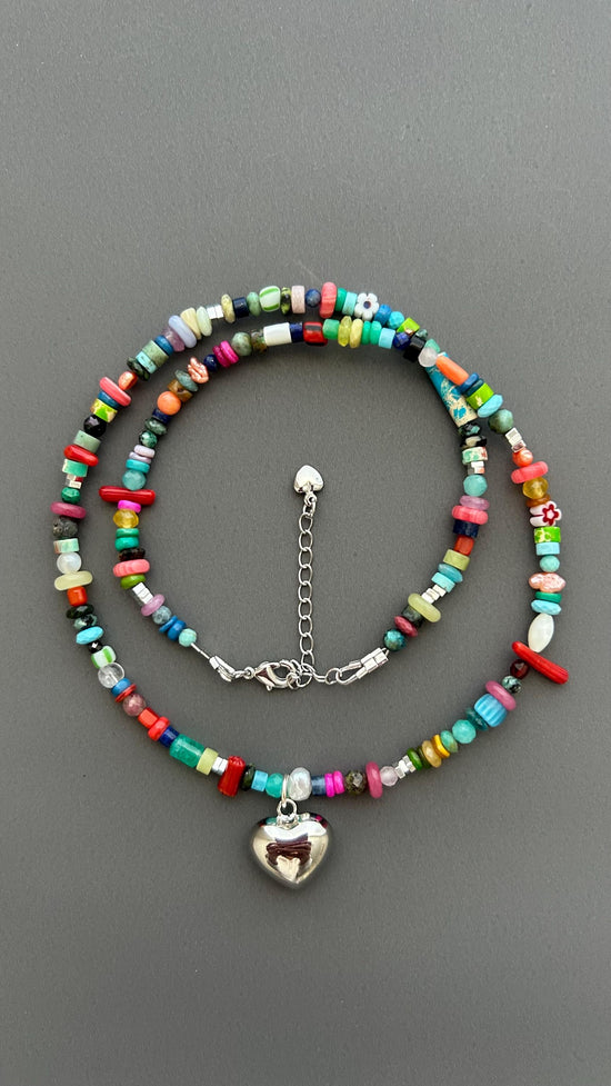 Rainbow Heart Pendant Necklace - Colorful Gemstone Beaded Maximalist Statement Jewelry Adjustable Handmade Artist Necklace