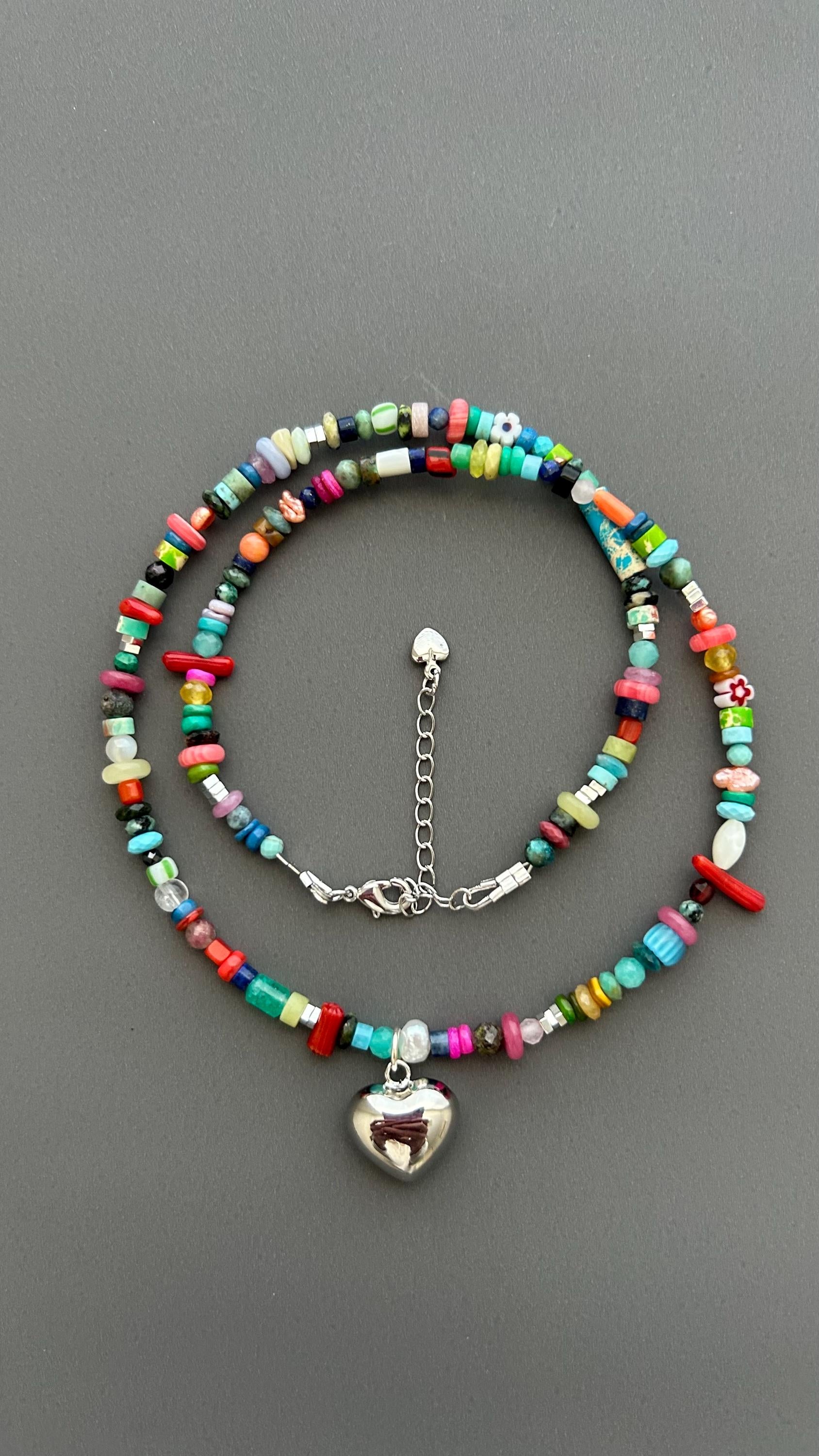 Rainbow Heart Pendant Necklace - Colorful Gemstone Beaded Maximalist Statement Jewelry Adjustable Handmade Artist Necklace