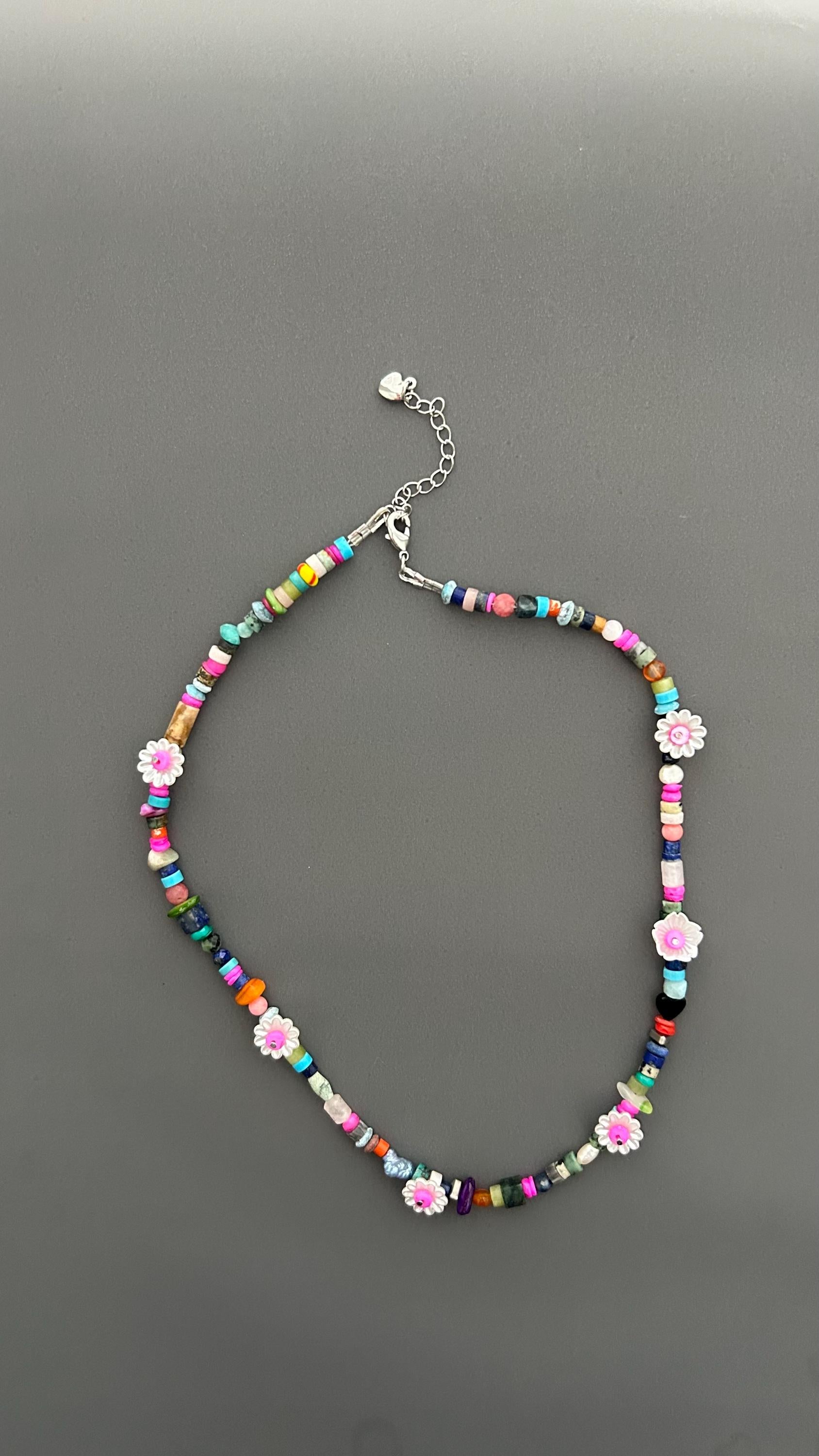 Colorful Flower Beaded Necklace | Boho Gemstone Necklace | Handmade Daisy Jewelry | Summer Layering Necklace | Festival Jewelry Gift