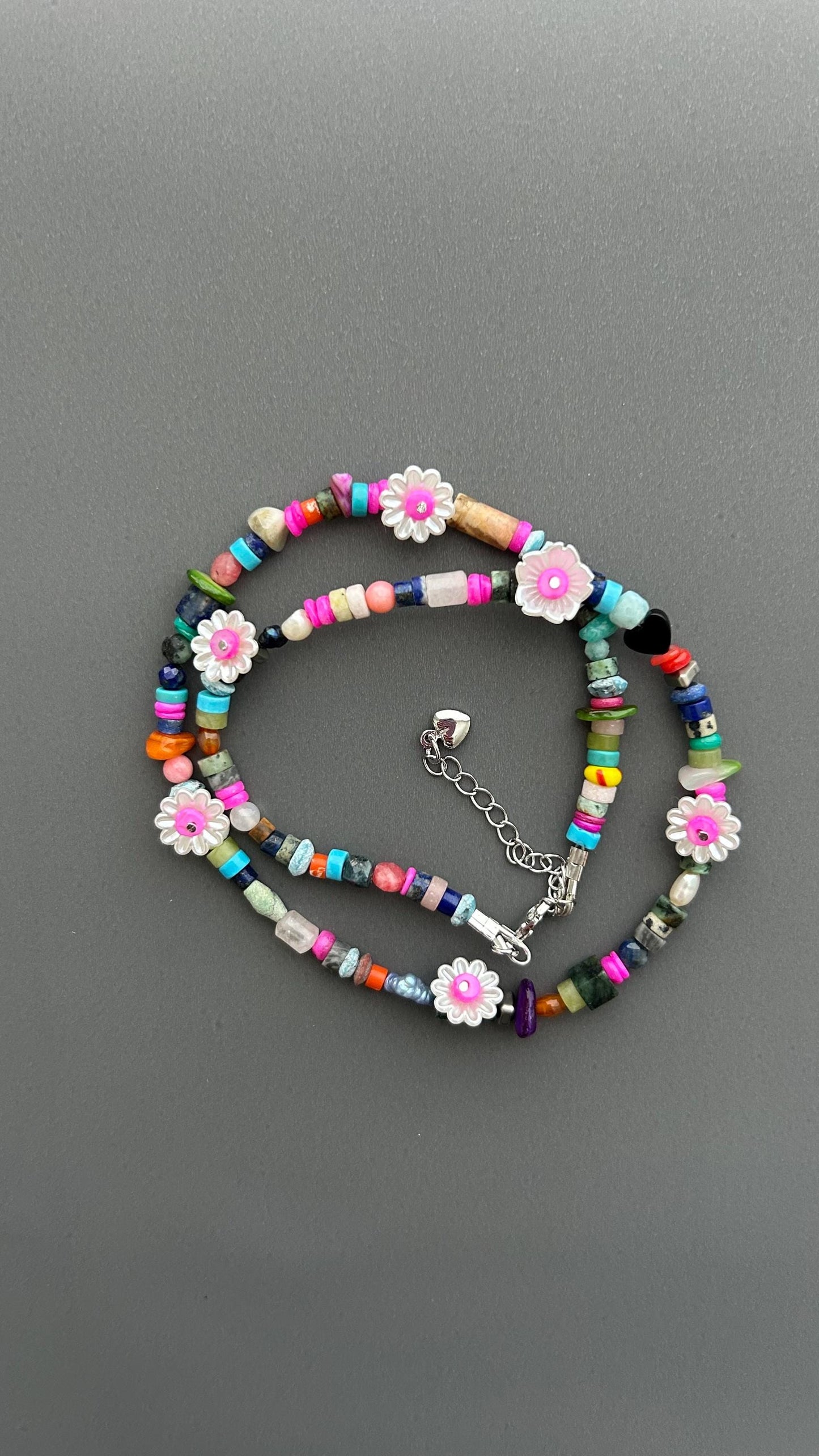Colorful Flower Beaded Necklace | Boho Gemstone Necklace | Handmade Daisy Jewelry | Summer Layering Necklace | Festival Jewelry Gift