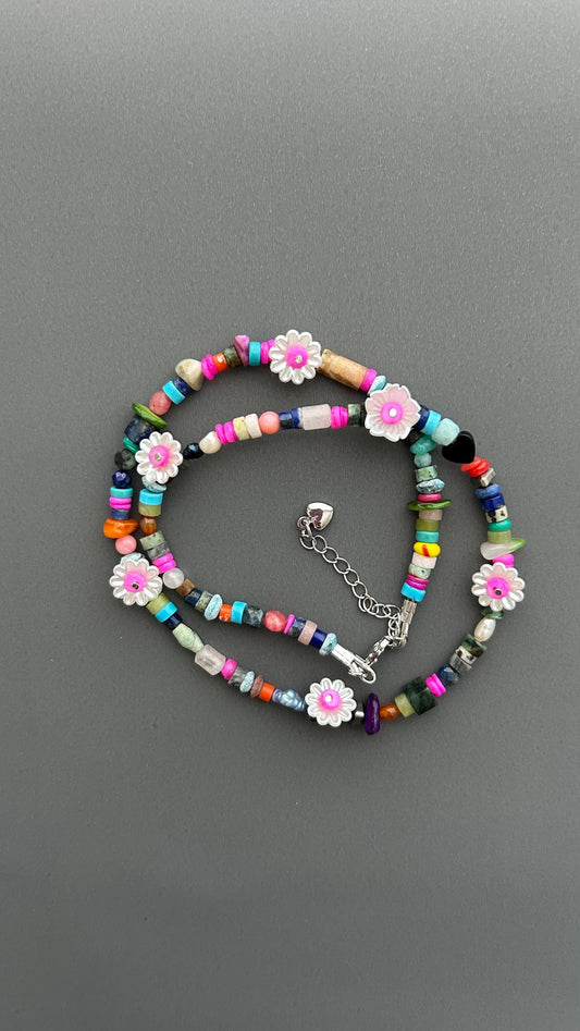 Colorful Flower Beaded Necklace | Boho Gemstone Necklace | Handmade Daisy Jewelry | Summer Layering Necklace | Festival Jewelry Gift