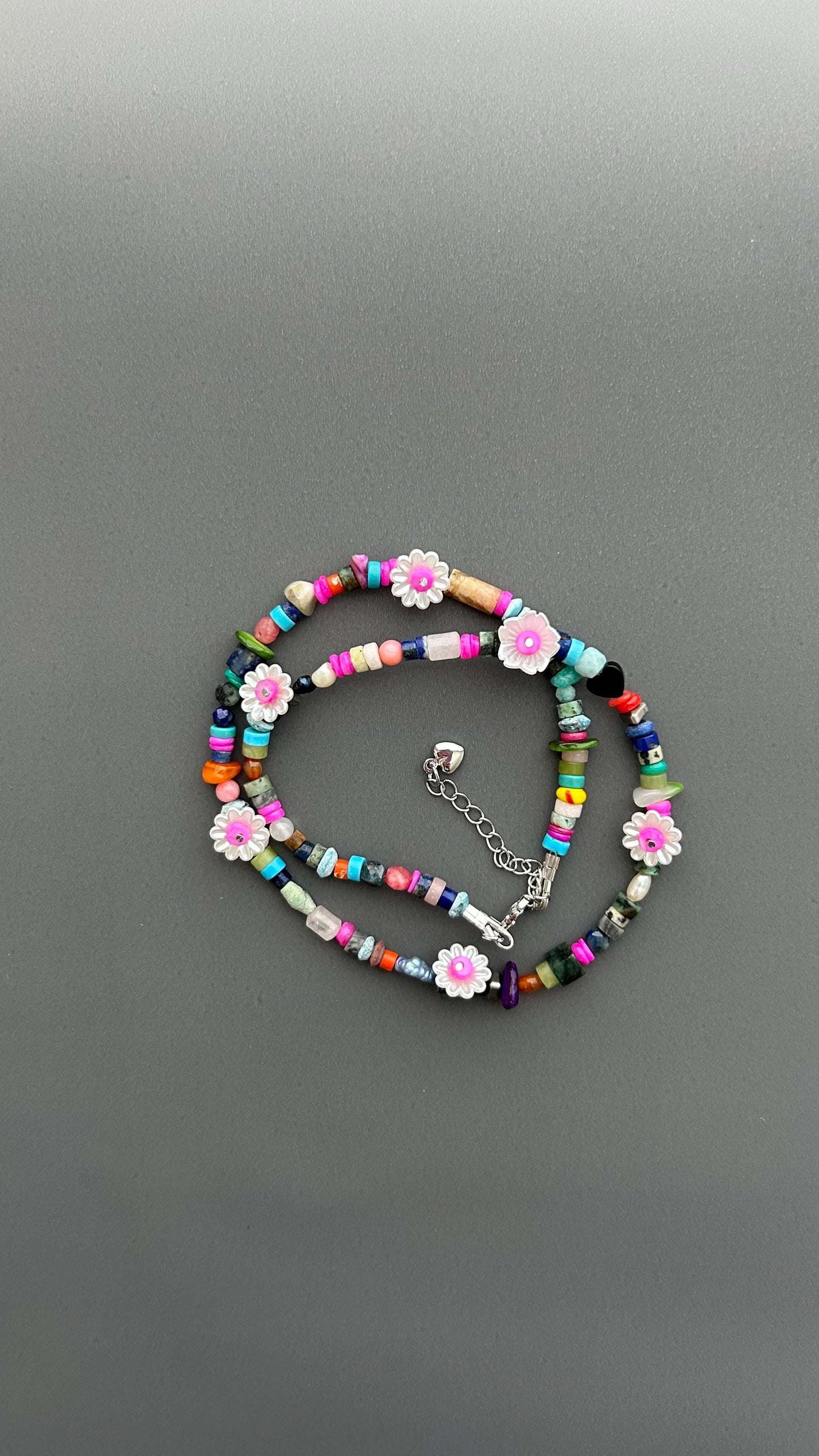 Colorful Flower Beaded Necklace | Boho Gemstone Necklace | Handmade Daisy Jewelry | Summer Layering Necklace | Festival Jewelry Gift