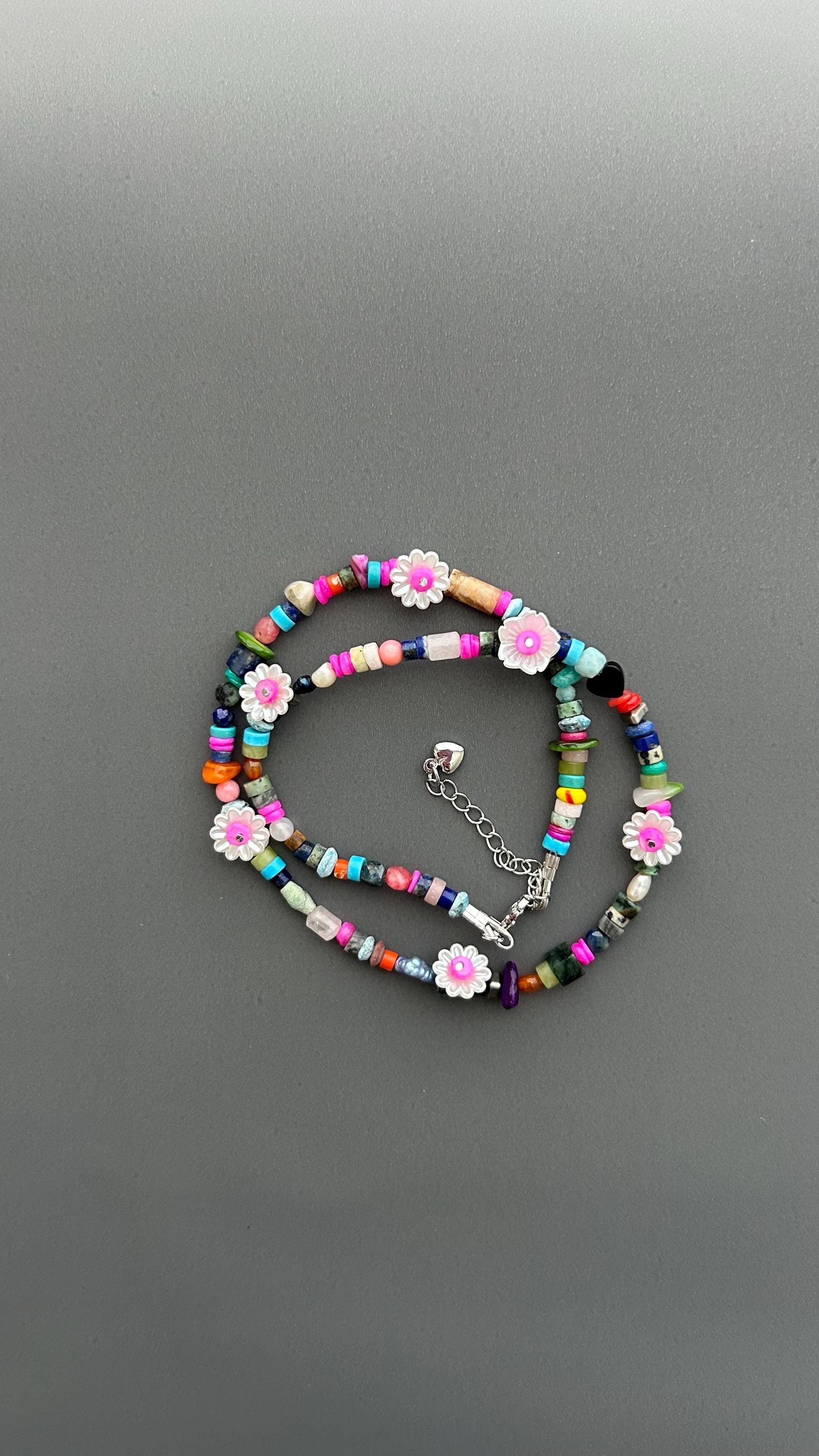 Colorful Flower Beaded Necklace | Boho Gemstone Necklace | Handmade Daisy Jewelry | Summer Layering Necklace | Festival Jewelry Gift