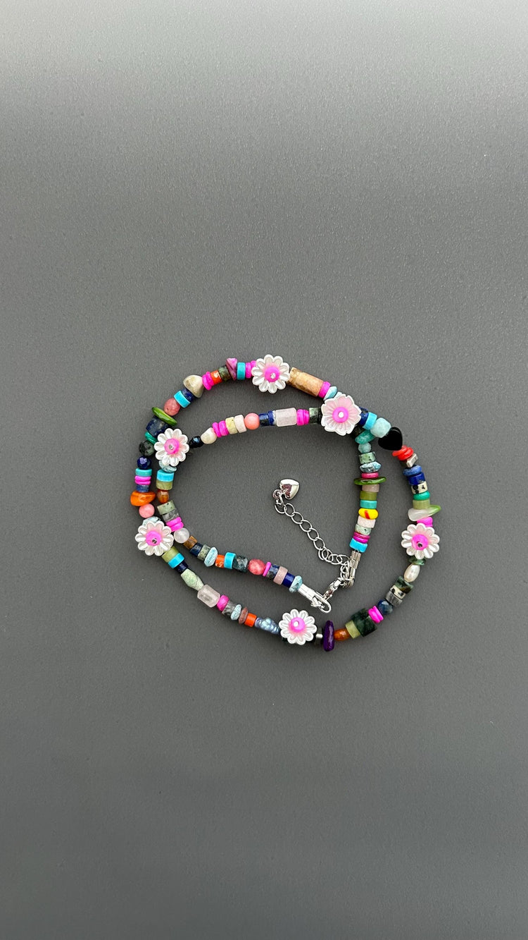 Colorful Flower Beaded Necklace | Boho Gemstone Necklace | Handmade Daisy Jewelry | Summer Layering Necklace | Festival Jewelry Gift