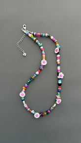 Colorful Flower Beaded Necklace | Boho Gemstone Necklace | Handmade Daisy Jewelry | Summer Layering Necklace | Festival Jewelry Gift