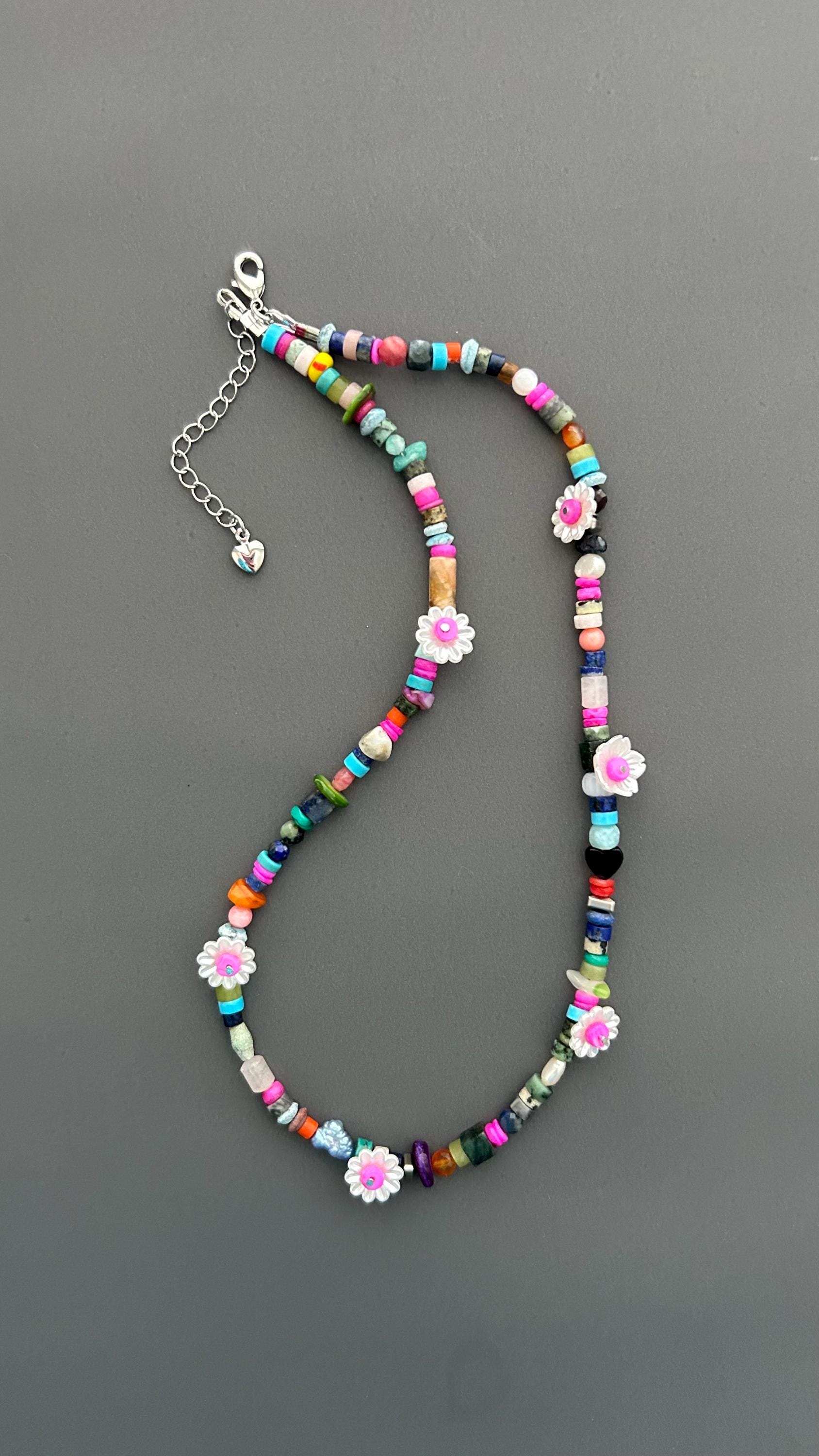 Colorful Flower Beaded Necklace | Boho Gemstone Necklace | Handmade Daisy Jewelry | Summer Layering Necklace | Festival Jewelry Gift