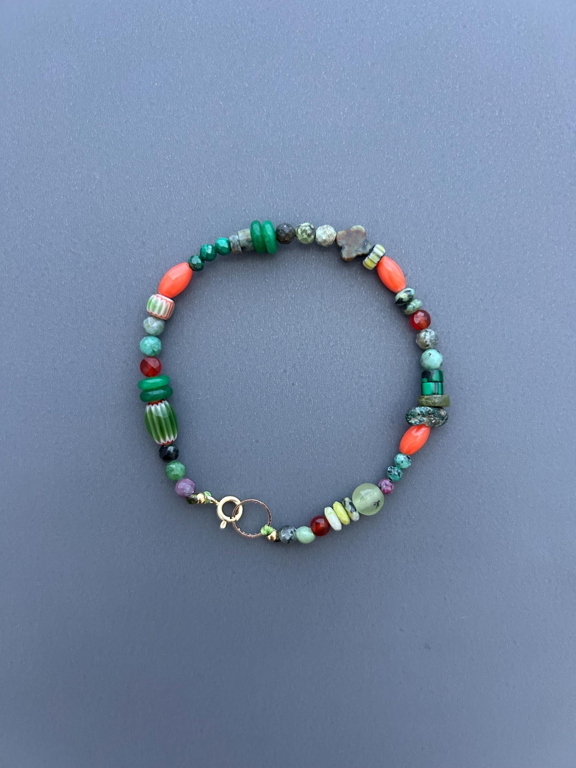 Mixed Gemstone Beaded Bracelet, Green & Coral Boho Bracelet, Handmade Layering Bracelet, Artisan Bead Jewelry, Colorful Everyday Bracelet