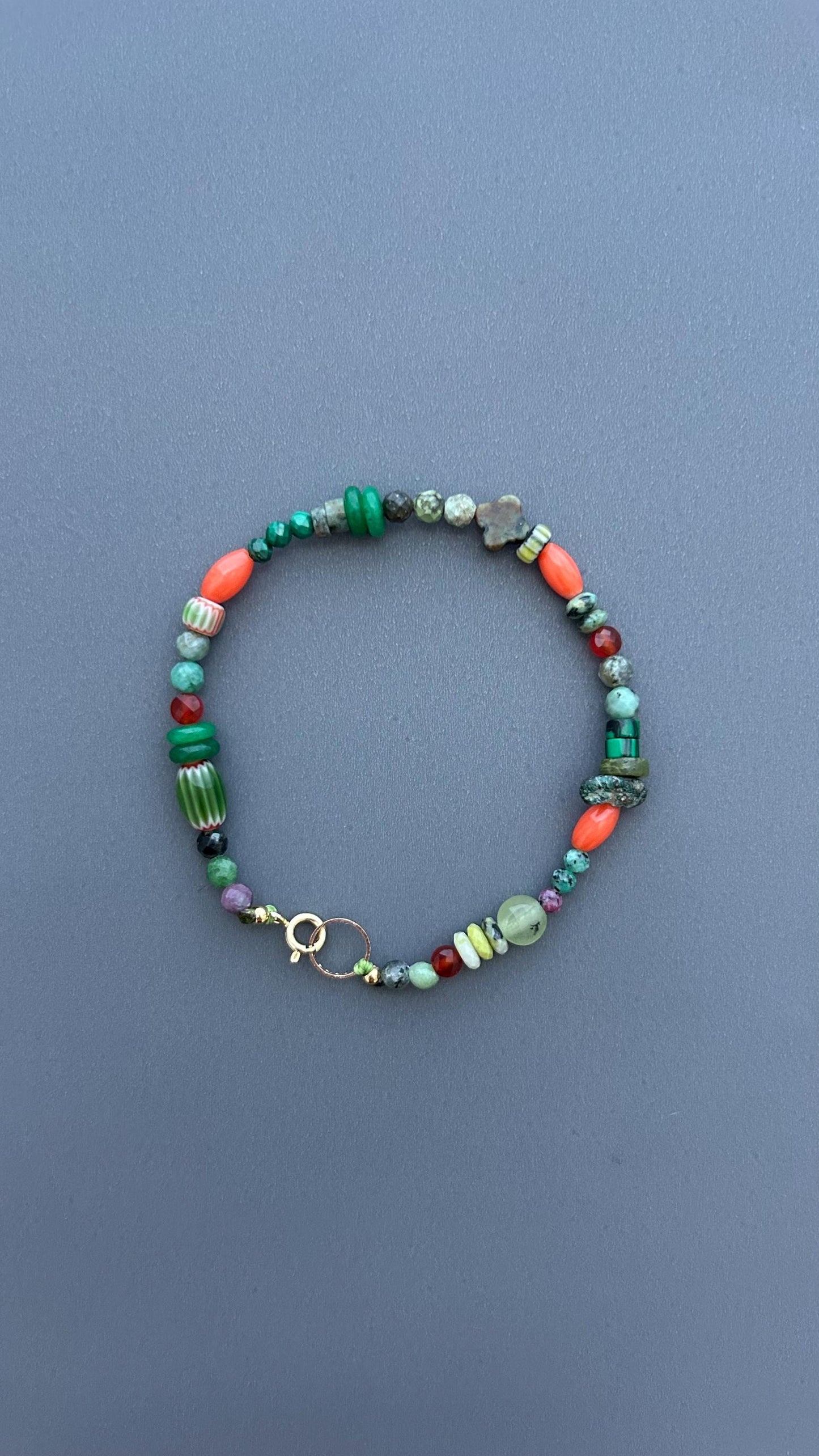 Mixed Gemstone Beaded Bracelet, Green & Coral Boho Bracelet, Handmade Layering Bracelet, Artisan Bead Jewelry, Colorful Everyday Bracelet