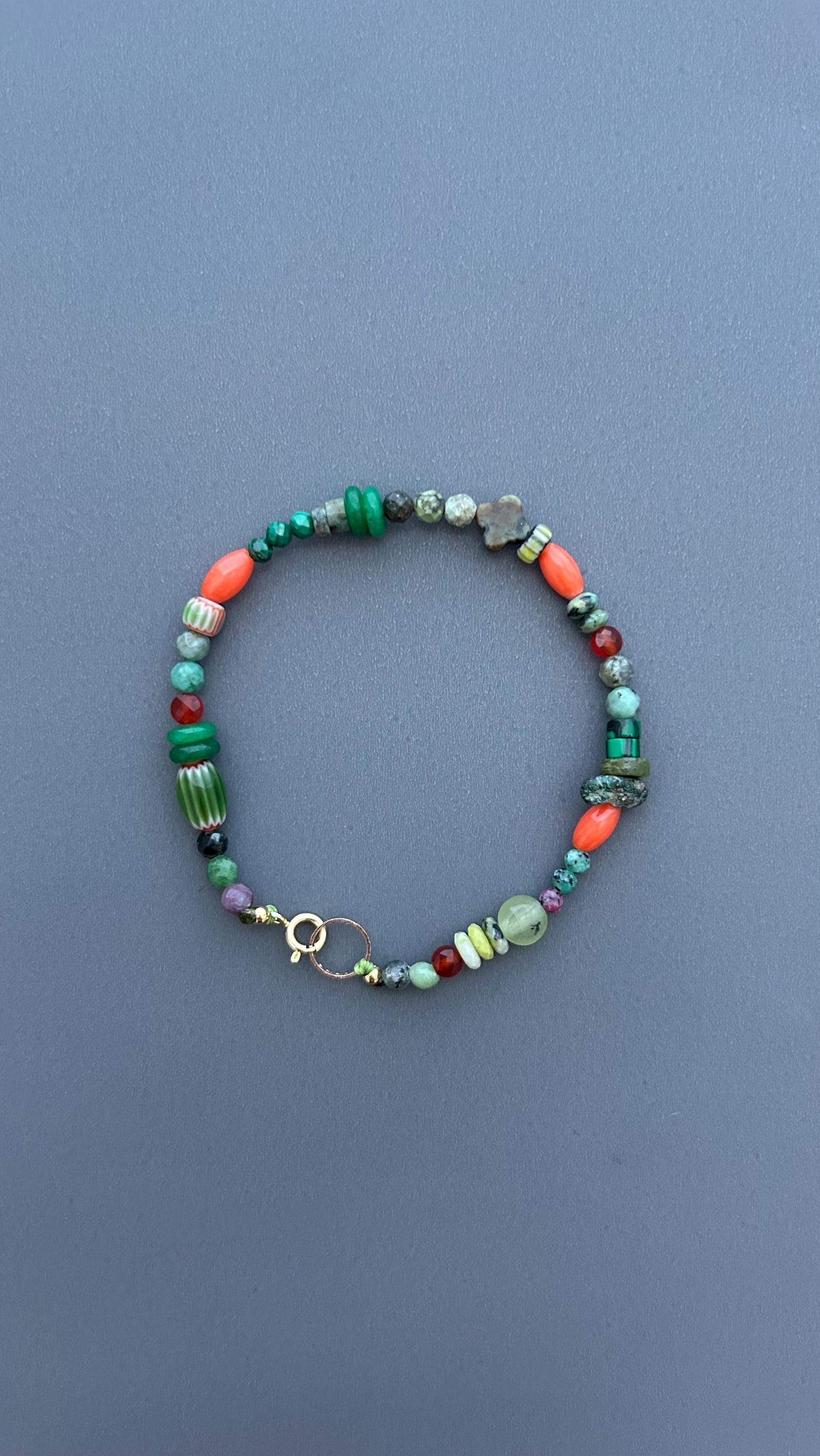 Mixed Gemstone Beaded Bracelet, Green & Coral Boho Bracelet, Handmade Layering Bracelet, Artisan Bead Jewelry, Colorful Everyday Bracelet