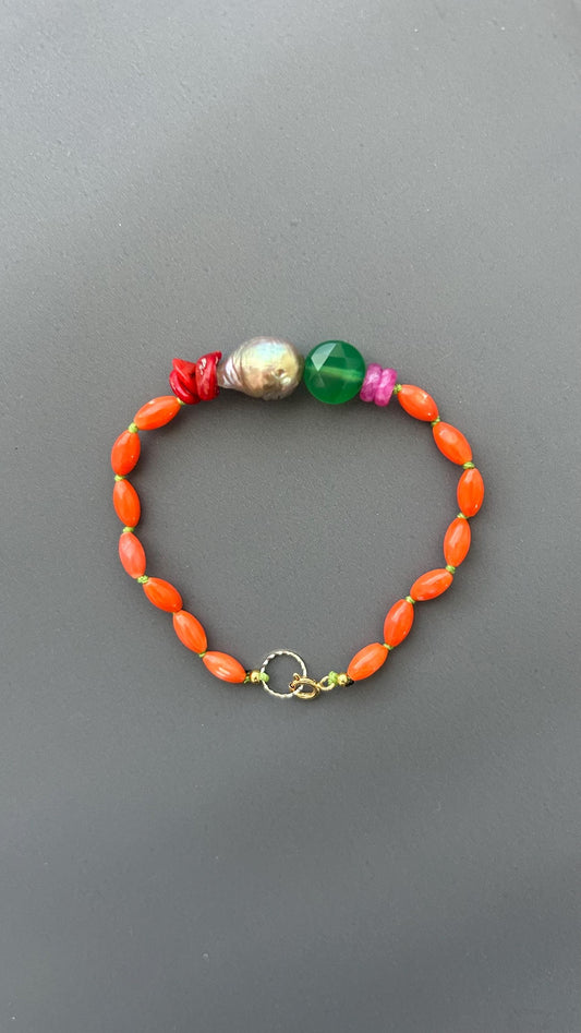 Handmade Coral Beaded Bracelet, Baroque Pearl Bracelet, Gemstone Bracelet, Colorful Boho Jewelry, Artisan Statement Bracelet, Gift for Her