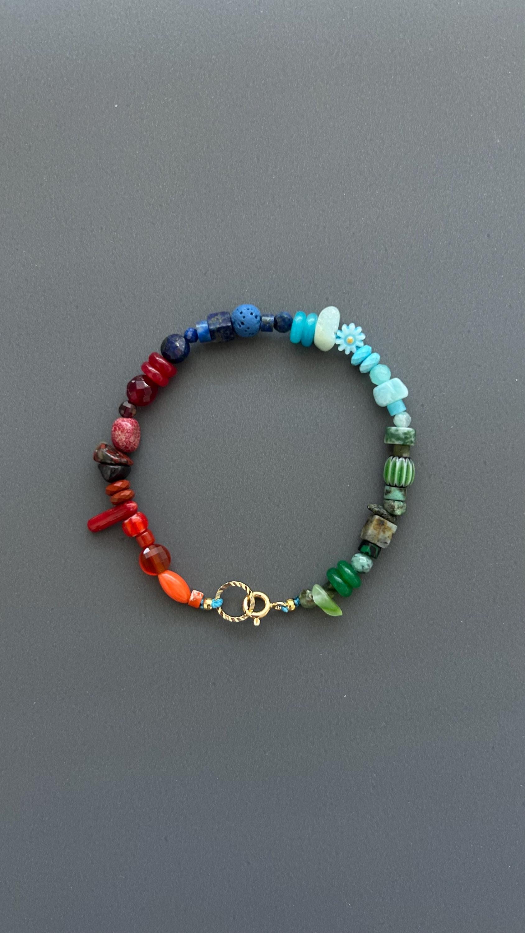 Gradient Beaded Bracelet, Rainbow Gemstone Bracelet, Handmade Natural Stone Jewelry, Boho Stacking Bracelet, Unique Unisex Gift