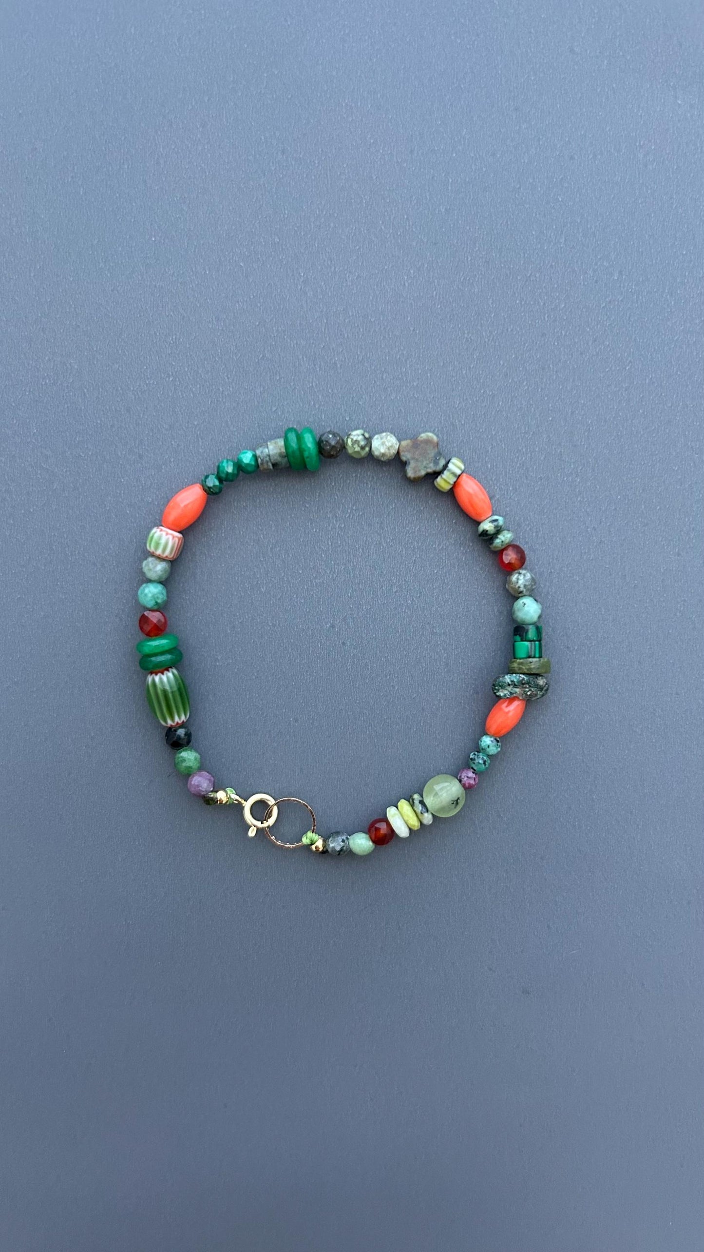 Mixed Gemstone Beaded Bracelet, Green & Coral Boho Bracelet, Handmade Layering Bracelet, Artisan Bead Jewelry, Colorful Everyday Bracelet