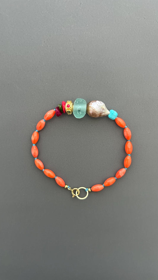 Orange Coral Beaded Bracelet, Baroque Pearl Bracelet, Gemstone Bracelet, Colorful Boho Jewelry, Artisan Statement Bracelet, Gift for Her