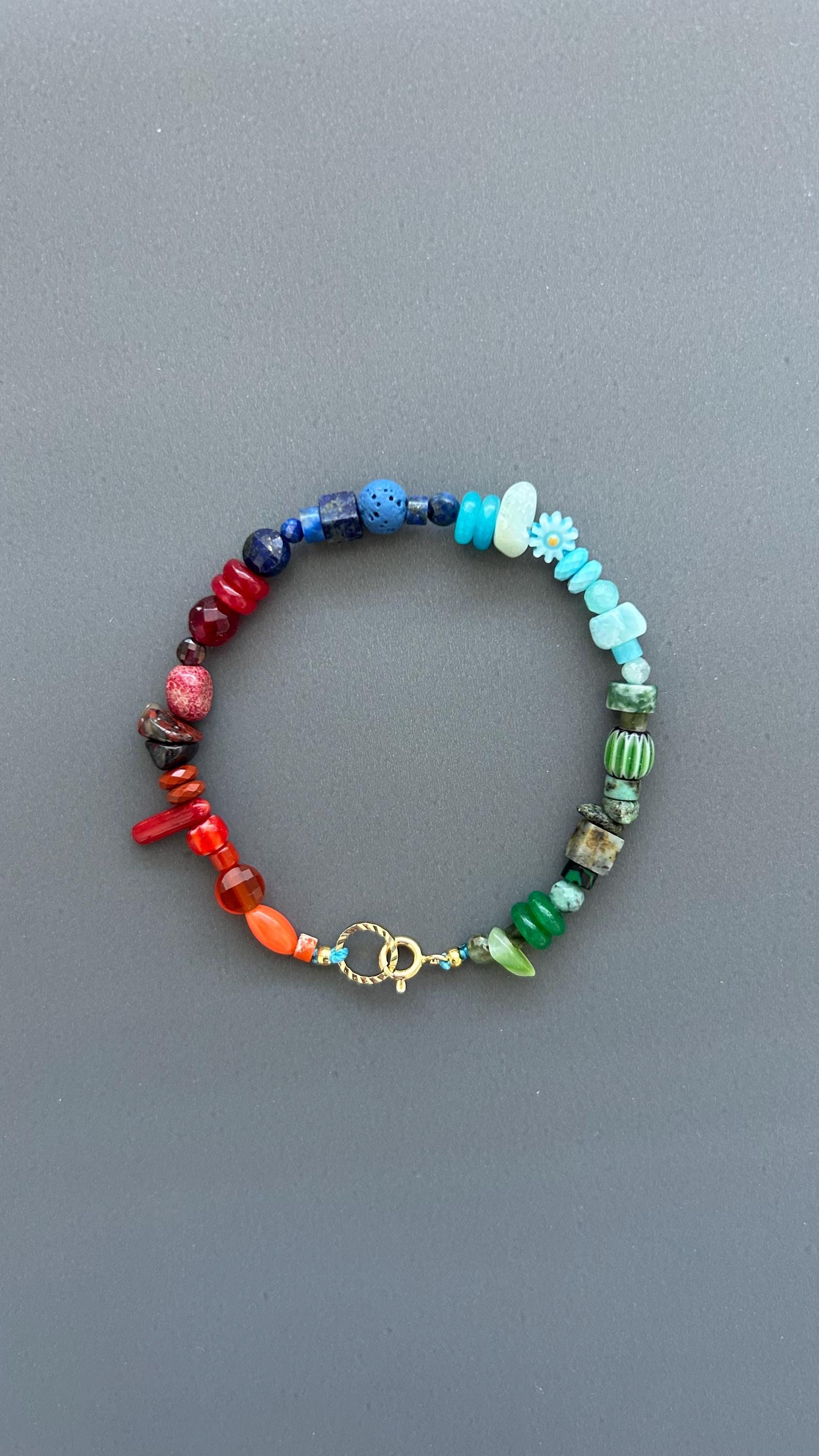 Gradient Beaded Bracelet, Rainbow Gemstone Bracelet, Handmade Natural Stone Jewelry, Boho Stacking Bracelet, Unique Unisex Gift