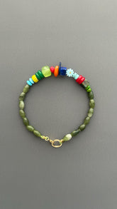 Handmade Green Jade Beaded Bracelet, Boho Jade Bracelet, Colorful Gemstone Bracelet, 18k Gold plated Toggle Clasp Jewelry, Gift for Her
