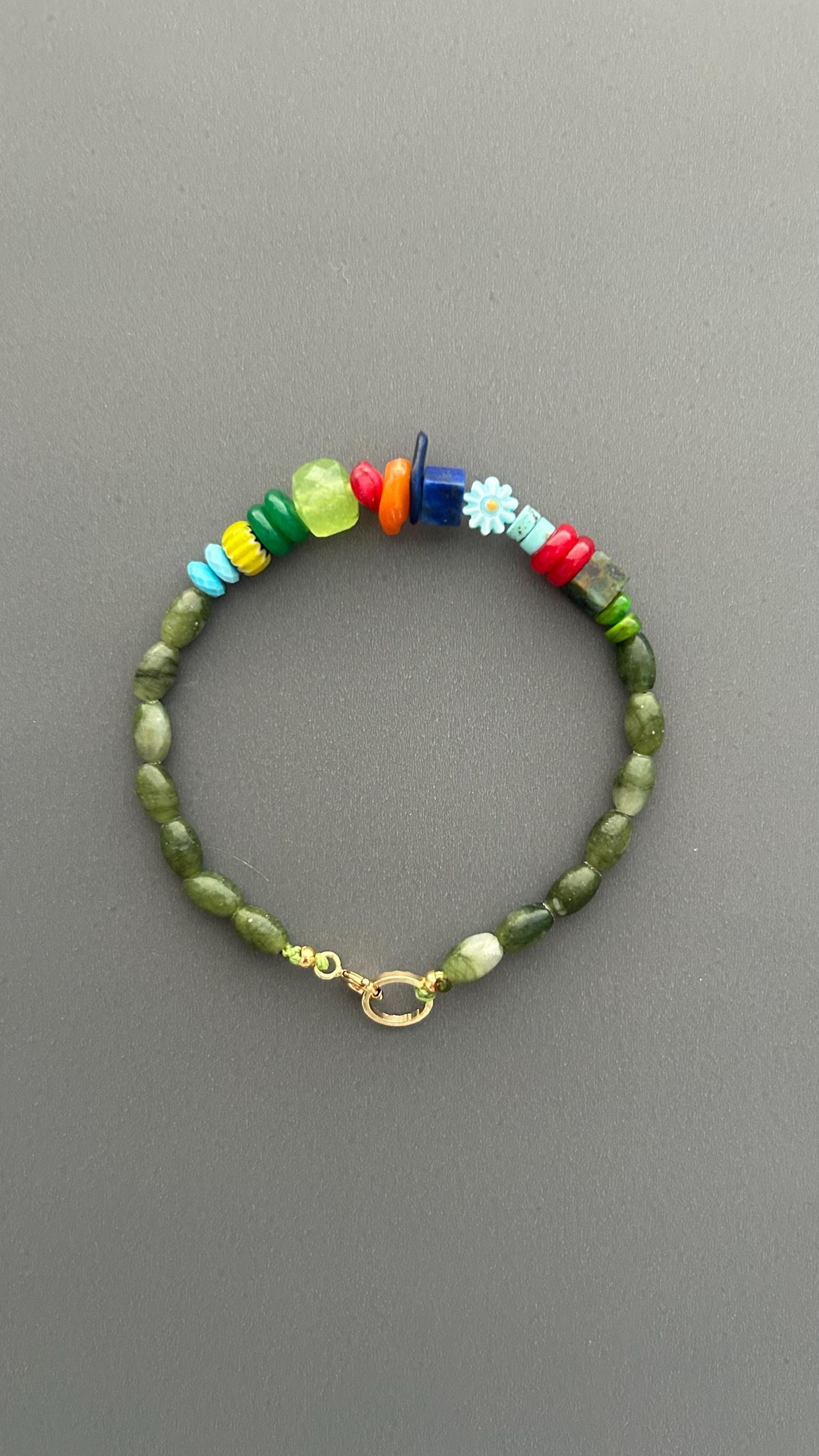 Handmade Green Jade Beaded Bracelet, Boho Jade Bracelet, Colorful Gemstone Bracelet, 18k Gold plated Toggle Clasp Jewelry, Gift for Her