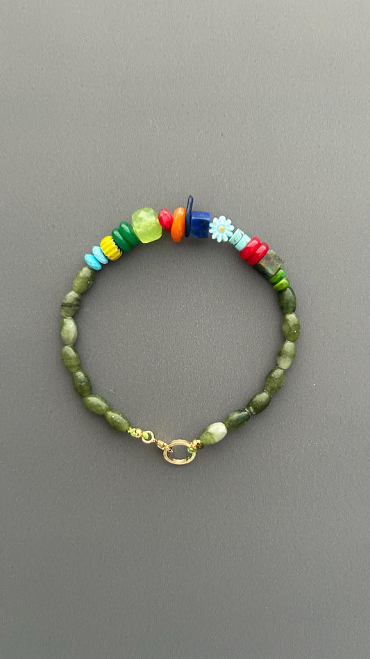 Handmade Green Jade Beaded Bracelet, Boho Jade Bracelet, Colorful Gemstone Bracelet, 18k Gold plated Toggle Clasp Jewelry, Gift for Her