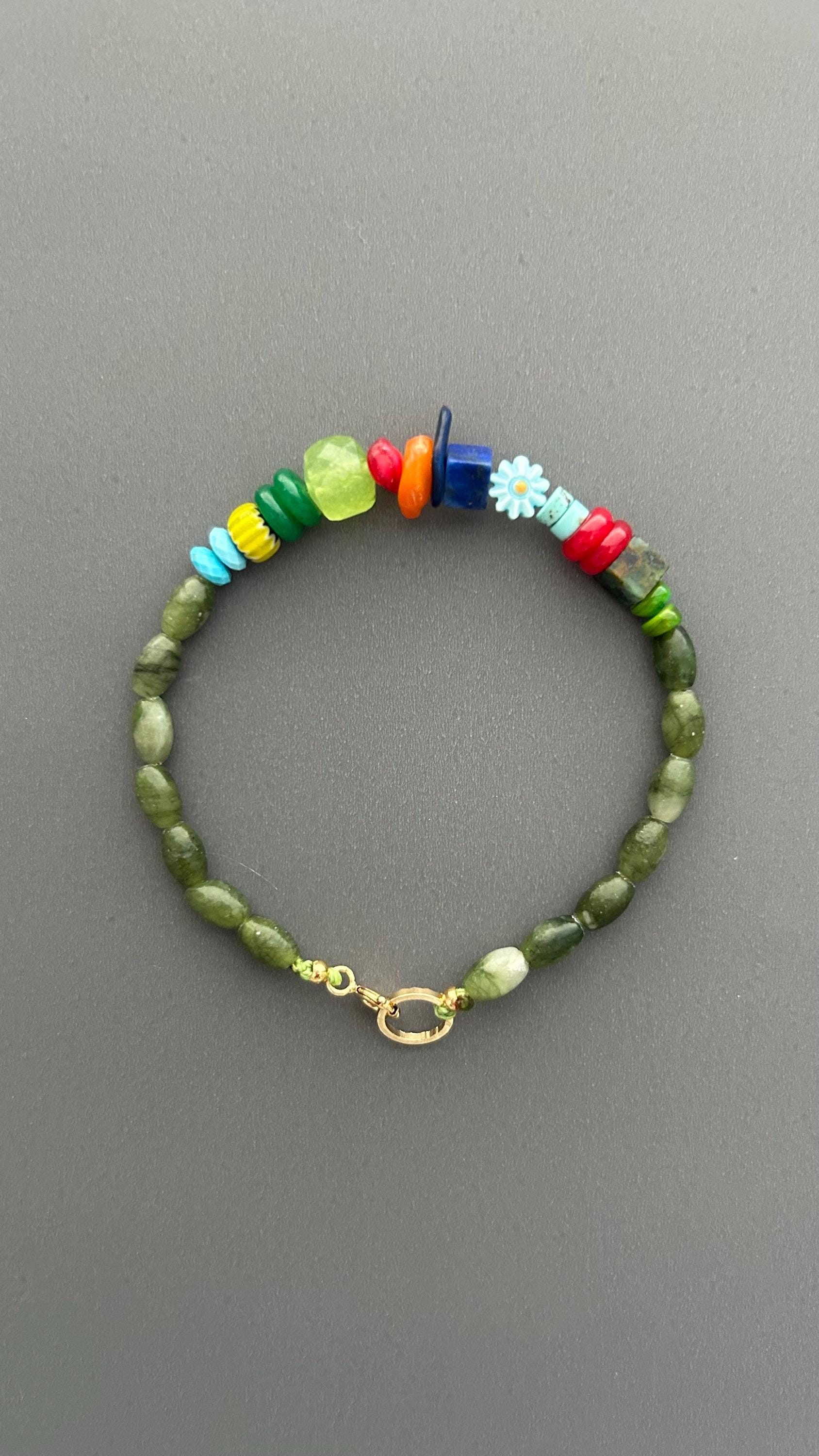 Handmade Green Jade Beaded Bracelet, Boho Jade Bracelet, Colorful Gemstone Bracelet, 18k Gold plated Toggle Clasp Jewelry, Gift for Her