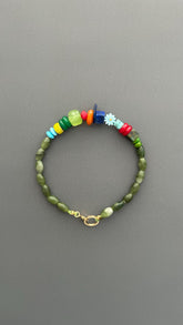 Handmade Green Jade Beaded Bracelet, Boho Jade Bracelet, Colorful Gemstone Bracelet, 18k Gold plated Toggle Clasp Jewelry, Gift for Her