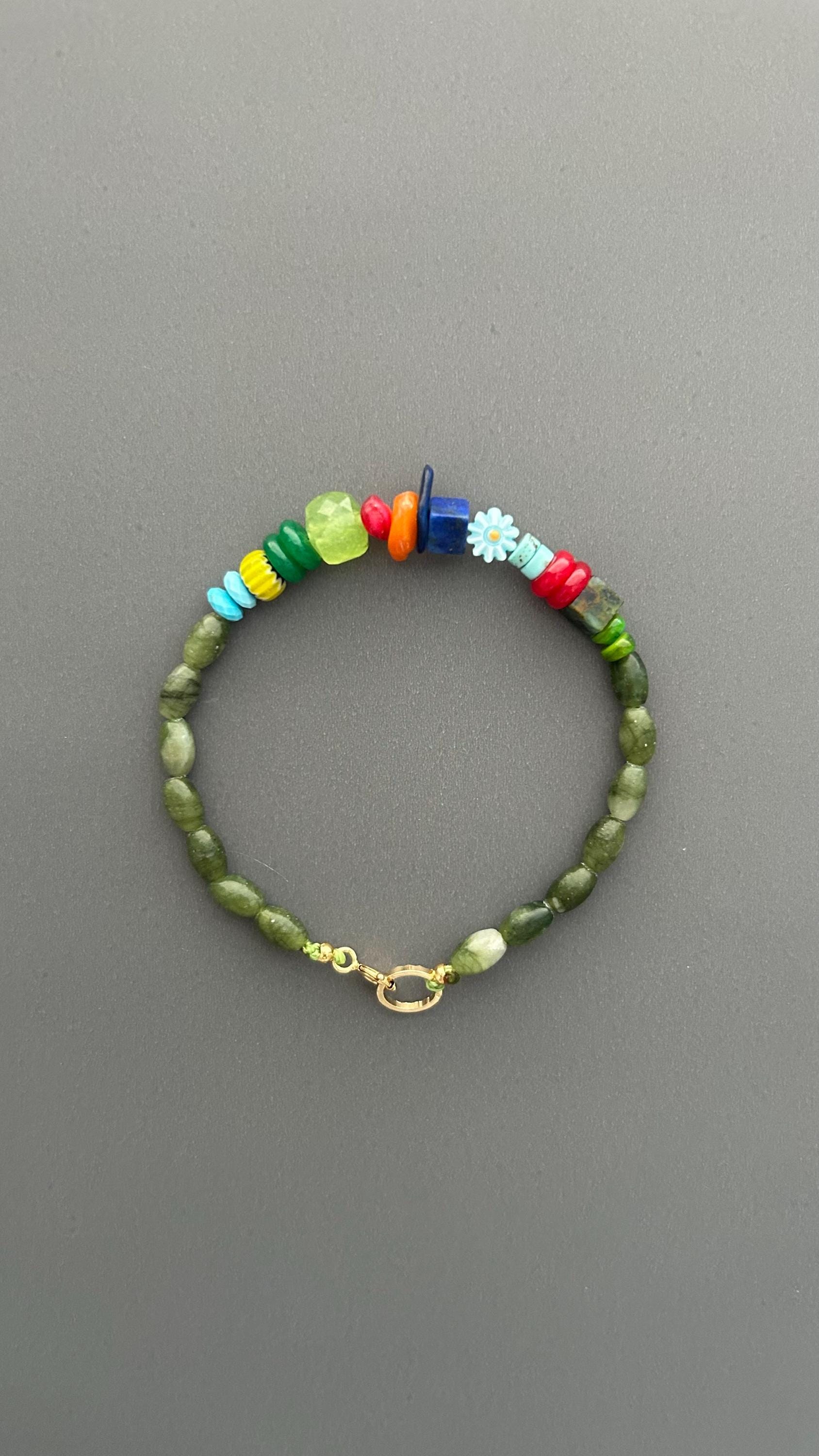 Handmade Green Jade Beaded Bracelet, Boho Jade Bracelet, Colorful Gemstone Bracelet, 18k Gold plated Toggle Clasp Jewelry, Gift for Her